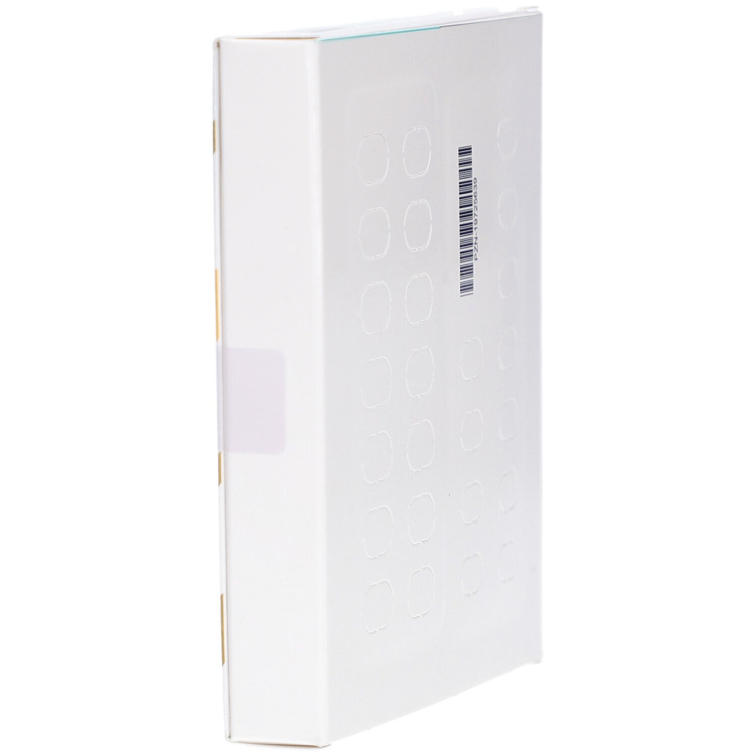 Weiße Schachtel, Seitenansicht. Barcode und geprägte Kreise. Kleiner Aufkleber.