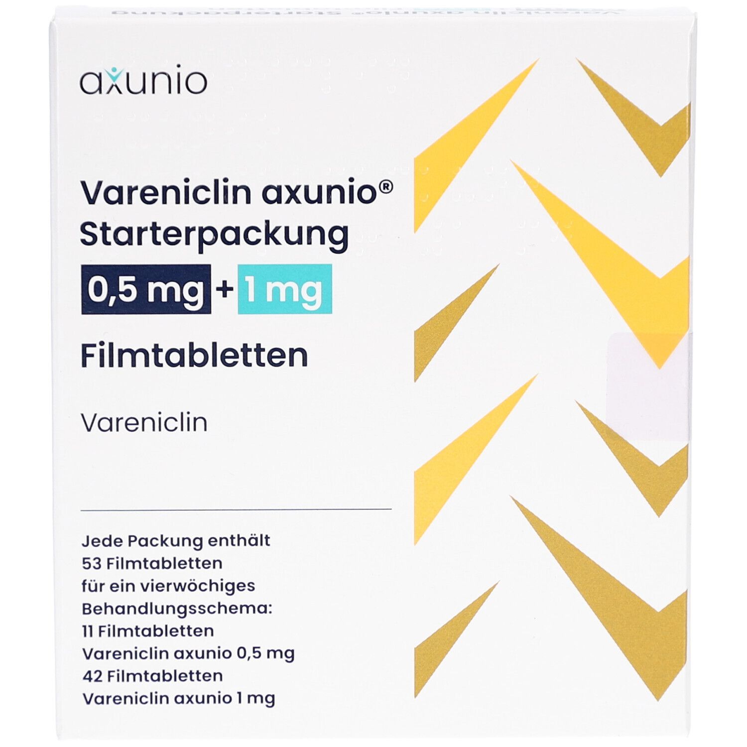 Weiße Schachtel mit Aufschrift 'Vareniclin axunio Starterpackung 0,5 mg + 1 mg Filmtabletten'. Gelbe und goldene Designelemente.