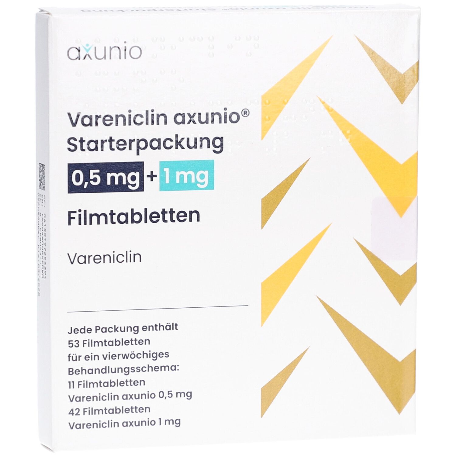 Weiße Schachtel mit Aufschrift 'Vareniclin axunio Starterpackung 0,5 mg + 1 mg Filmtabletten'. Gelbe und goldene Designelemente.