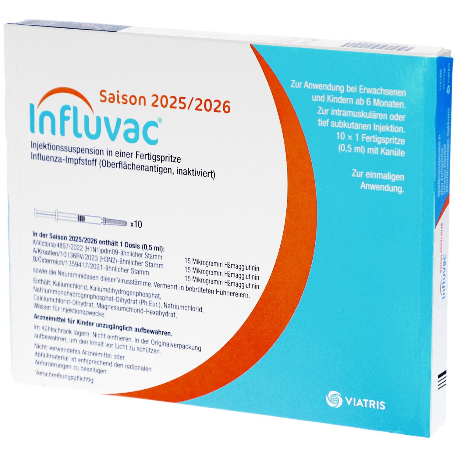 Karton von Influvac, Saison 2025/2026. Enthält 10 Fertigspritzen. Blaue, weiße und orangefarbene Verpackung mit Produktinformationen und Logo.