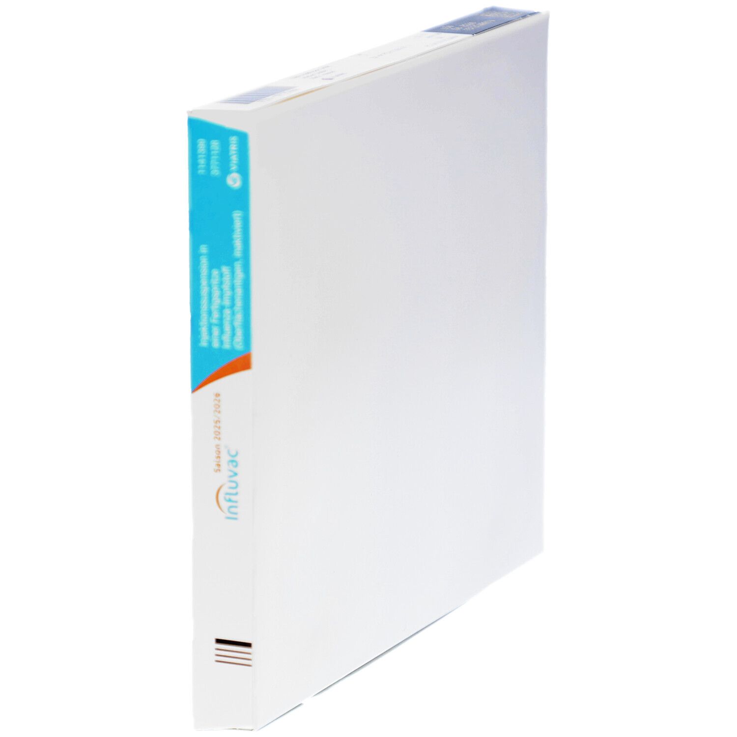 Schmale, weiße Verpackung von Influvac, Saison 2025/2026. Blaue und orangefarbene Akzente. Viatris Logo.