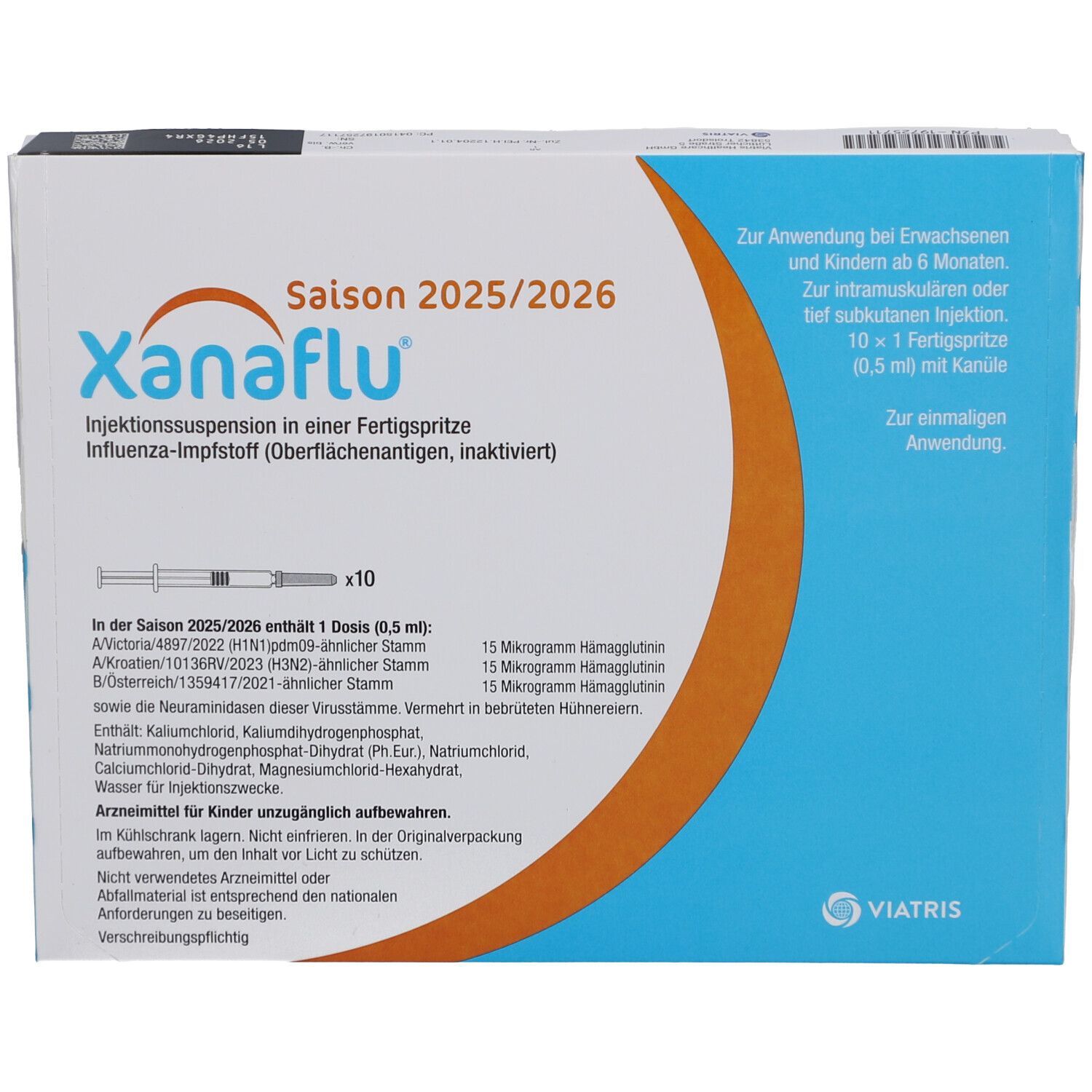 Karton mit Aufschrift Xanaflu Saison 2025/2026. Enthält 10 Fertigspritzen mit Kanüle. Blaue und weiße Verpackung mit orangefarbenem Halbkreis.