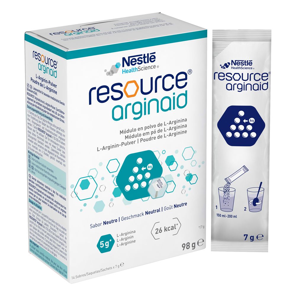Nestlé Resource ArginAid Pulver-Schachtel und ein einzelner Beutel mit L-Arginin-Pulver.