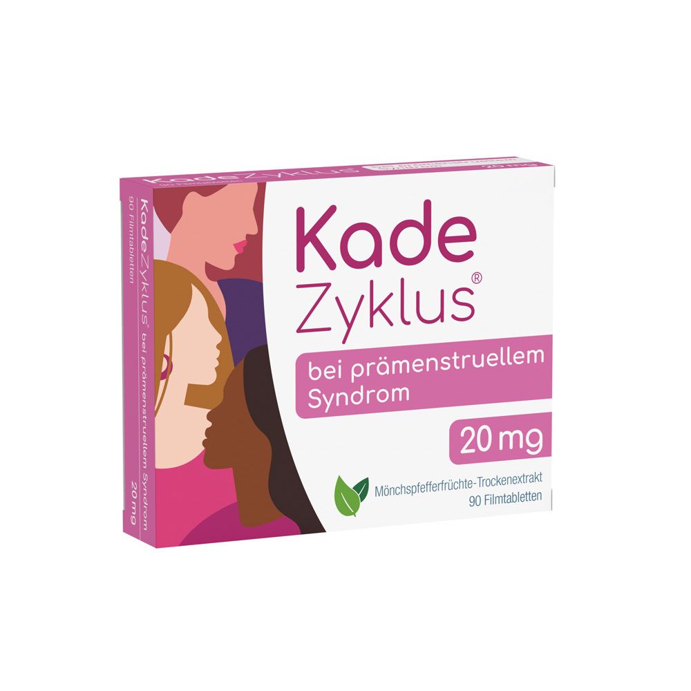 Kade Zyklus-Packung. Weiße Schachtel mit Produktnamen, Frauenprofilen und 20 mg Angabe.