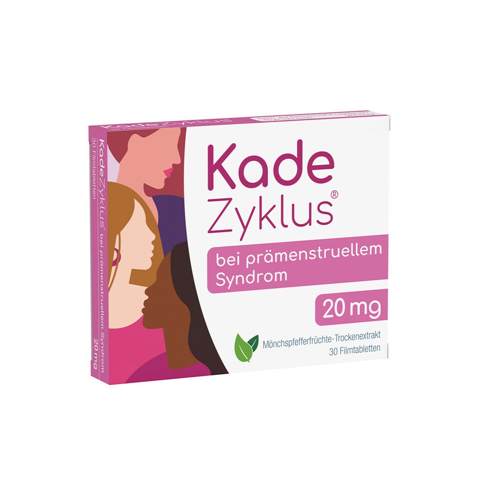Kade Zyklus-Verpackung. Weiß-rosa Schachtel mit Produktnamen, 20 mg und Illustrationen von Frauen.