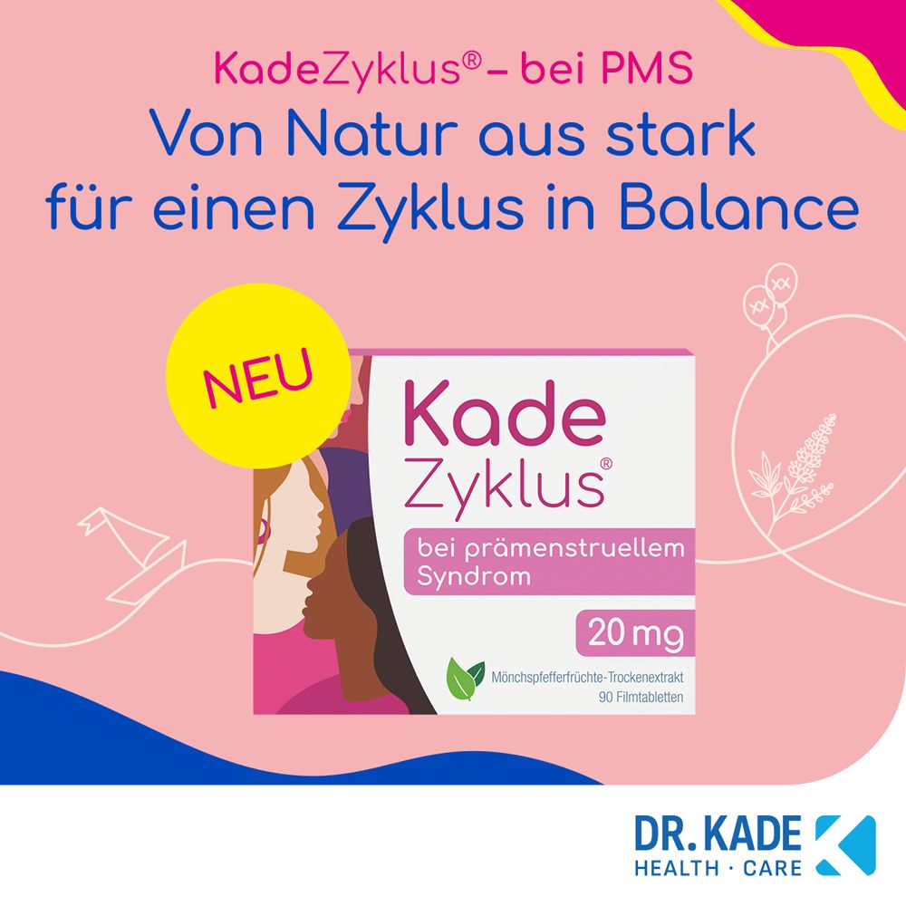 Werbebild. Kade Zyklus-Packung, gelbes 'NEU'-Label, rosa Hintergrund, Text und Logo.