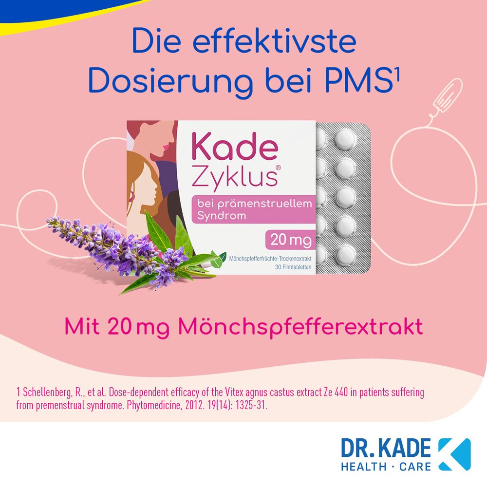 Werbebild. Kade Zyklus-Packung, Blisterpackung, Text, 20 mg Mönchspfefferextrakt, lila Blumen.