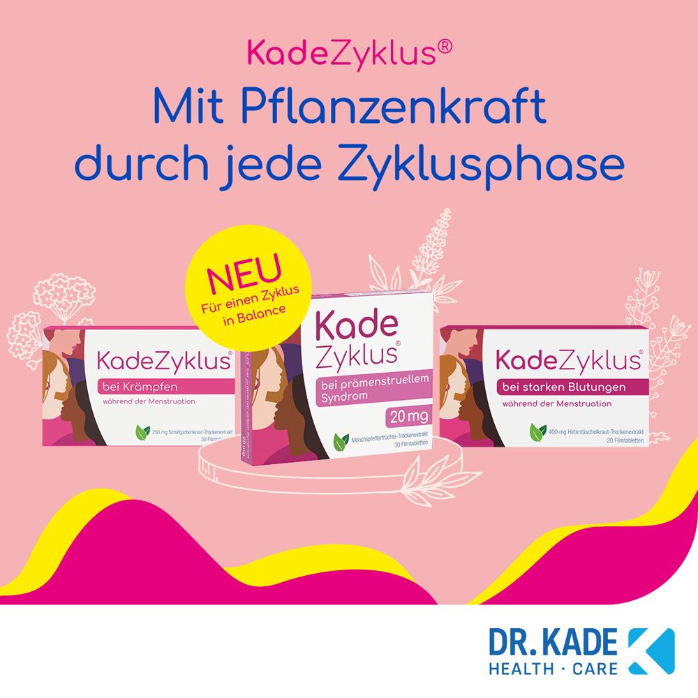 Werbebild. Drei Kade Zyklus-Packungen, gelbes 'NEU'-Label, Text, rosa Hintergrund, Logo.
