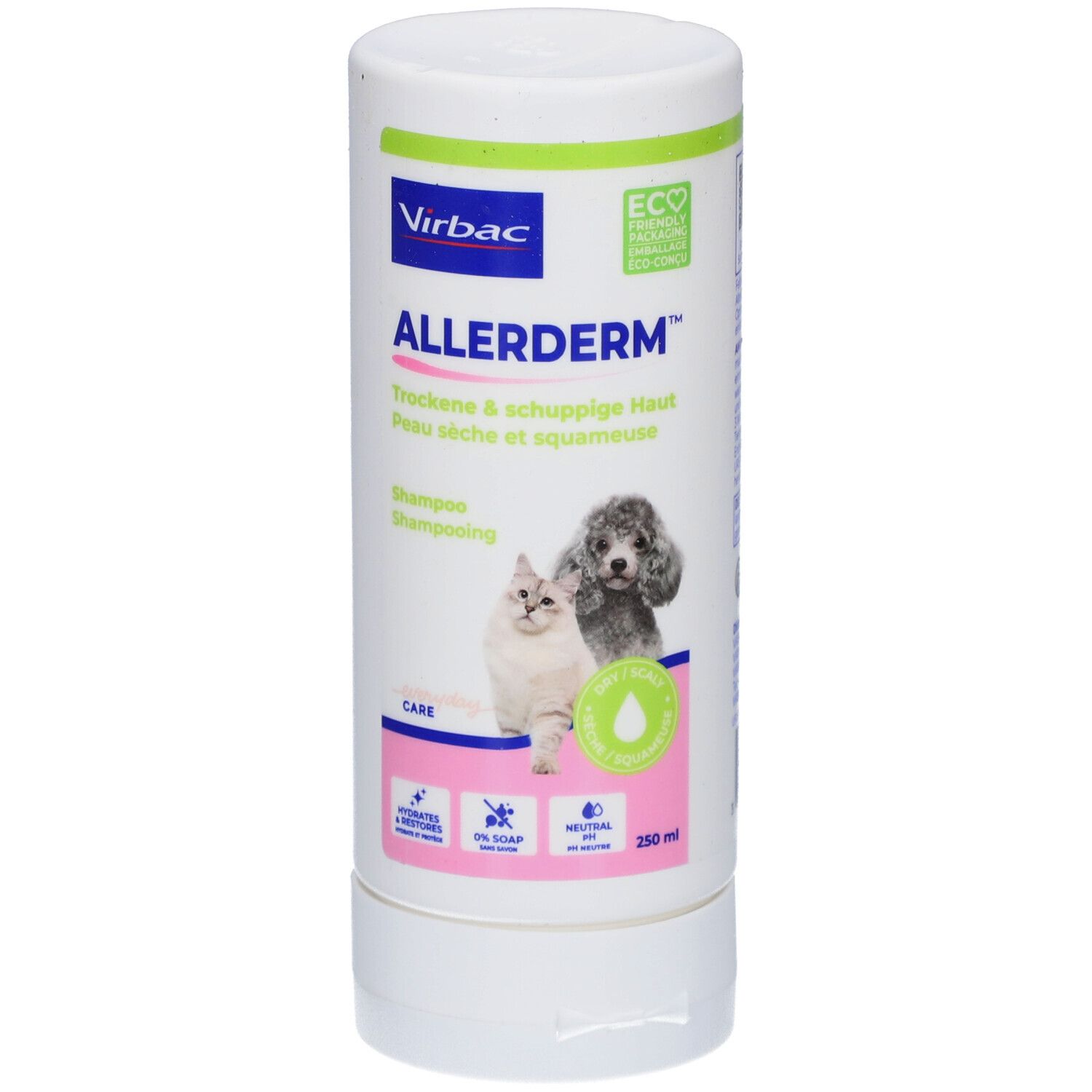 Weiße Flasche mit Virbac Allerderm Shampoo. Text in Deutsch und Französisch. Abbildung von Katze und Hund.