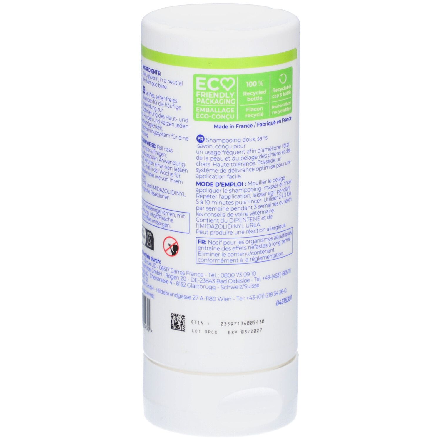 Rückseite der weißen Flasche Virbac Allerderm Shampoo. Text, Logos und QR-Code. Öko-Verpackung.