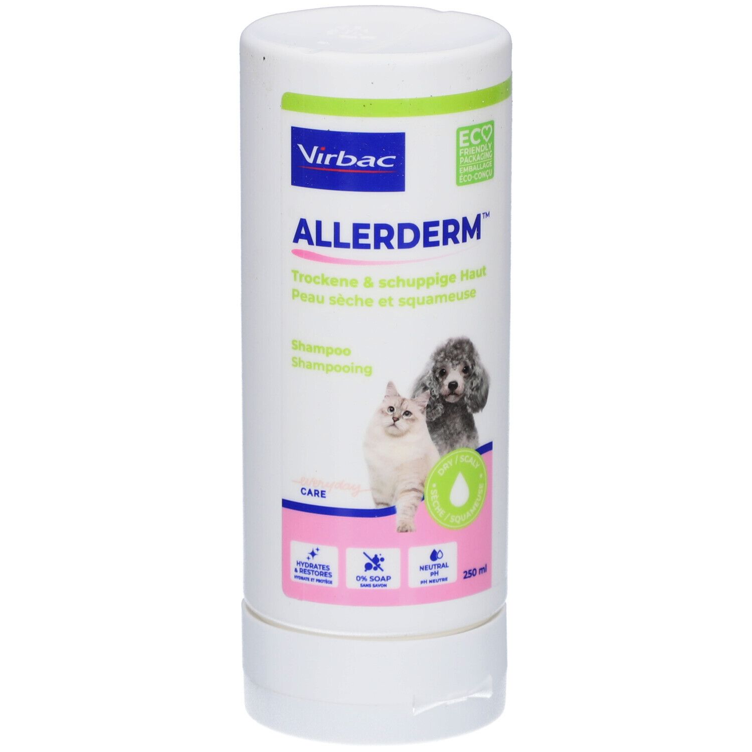 Weiße Flasche Virbac Allerderm Shampoo. Vorderseite mit Text und Abbildung von Katze und Hund.