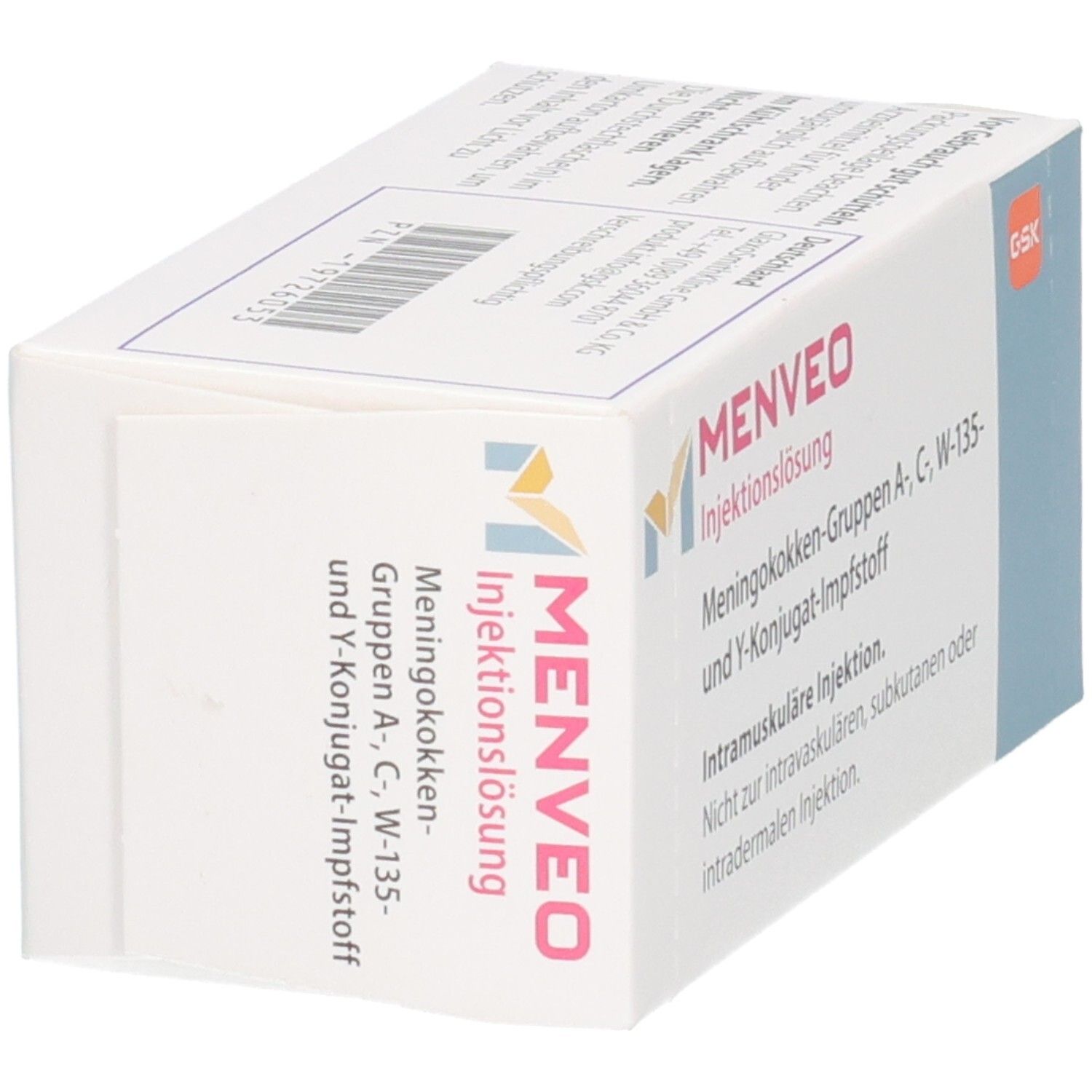 MENVEO Injektionslösung-Verpackung. Weißer Karton mit Produktnamen und Informationen. Barcode und GSK-Logo.