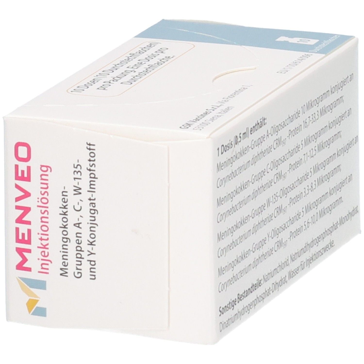 MENVEO Injektionslösung-Verpackung. Weißer Karton mit Produktinformationen und Inhaltsstoffen.