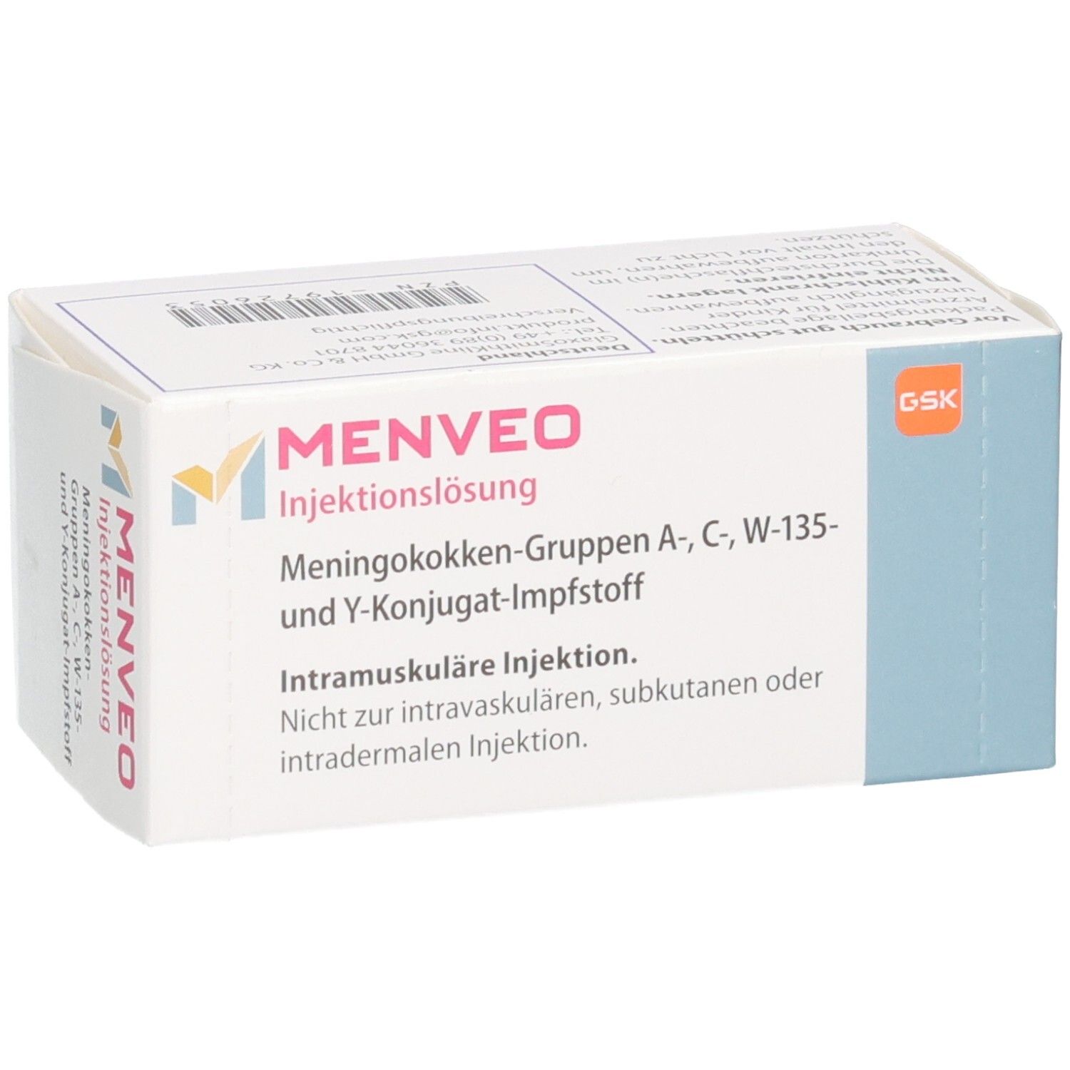 MENVEO Injektionslösung-Verpackung. Weißer Karton mit Produktnamen und Informationen. GSK-Logo.