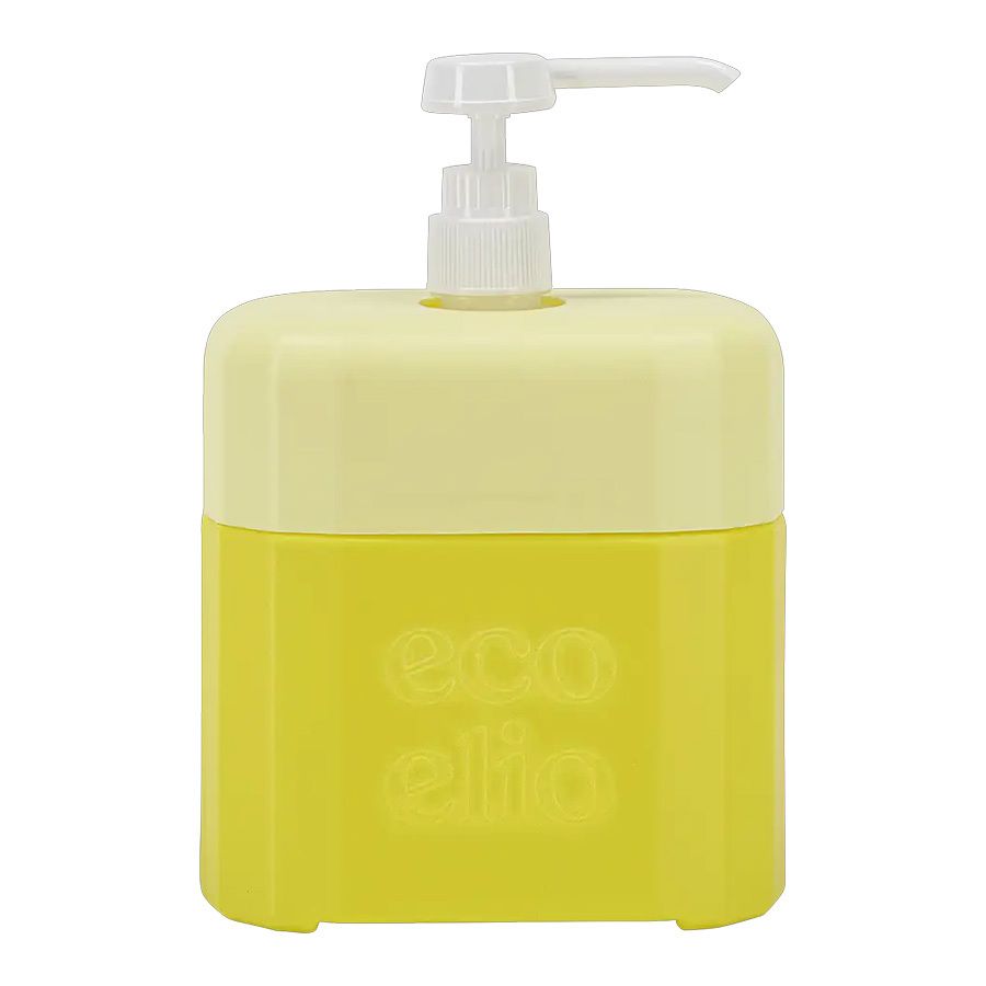 Gelbe Spenderflasche mit Dosierpumpe. Aufschrift "eco elio".