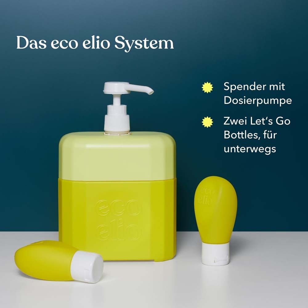 Das eco elio System. Spender mit Dosierpumpe und zwei Let's Go Bottles.