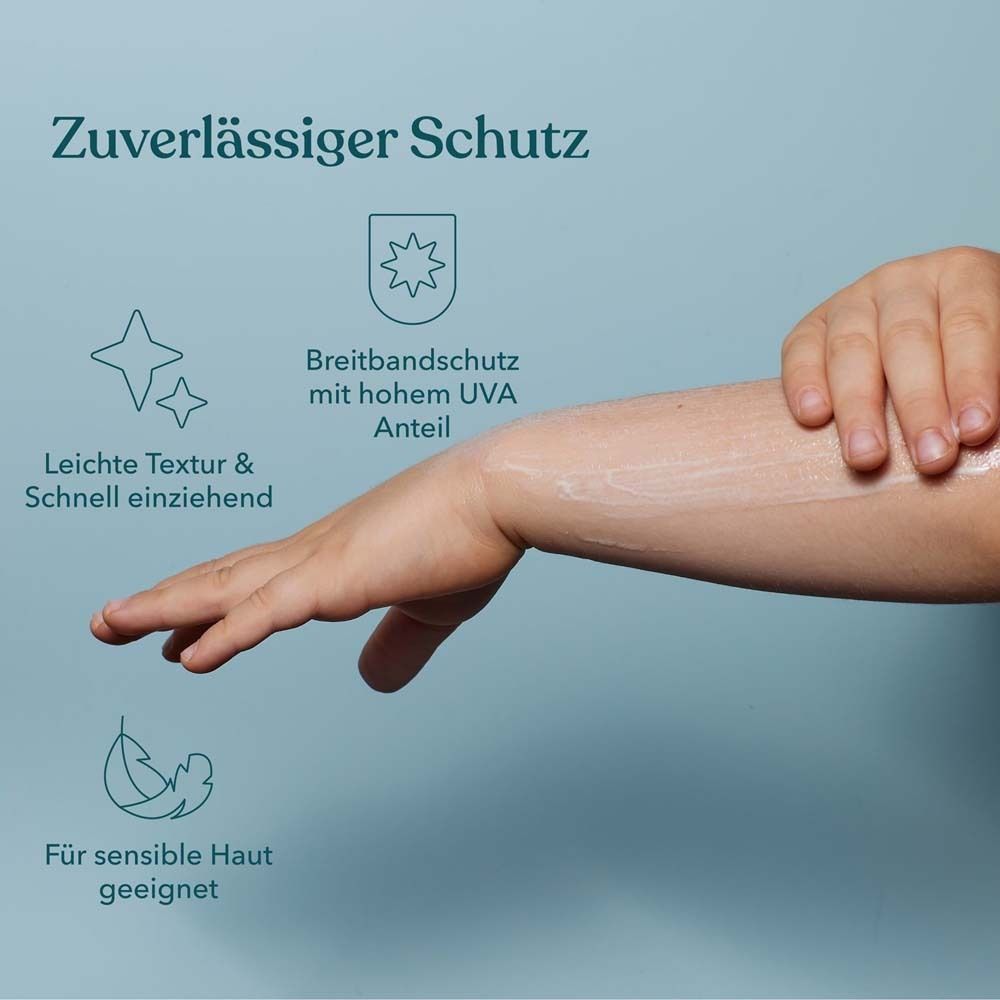 Arm mit eingecremter Haut. Text: Leichte Textur & schnell einziehend. Für sensible Haut geeignet.