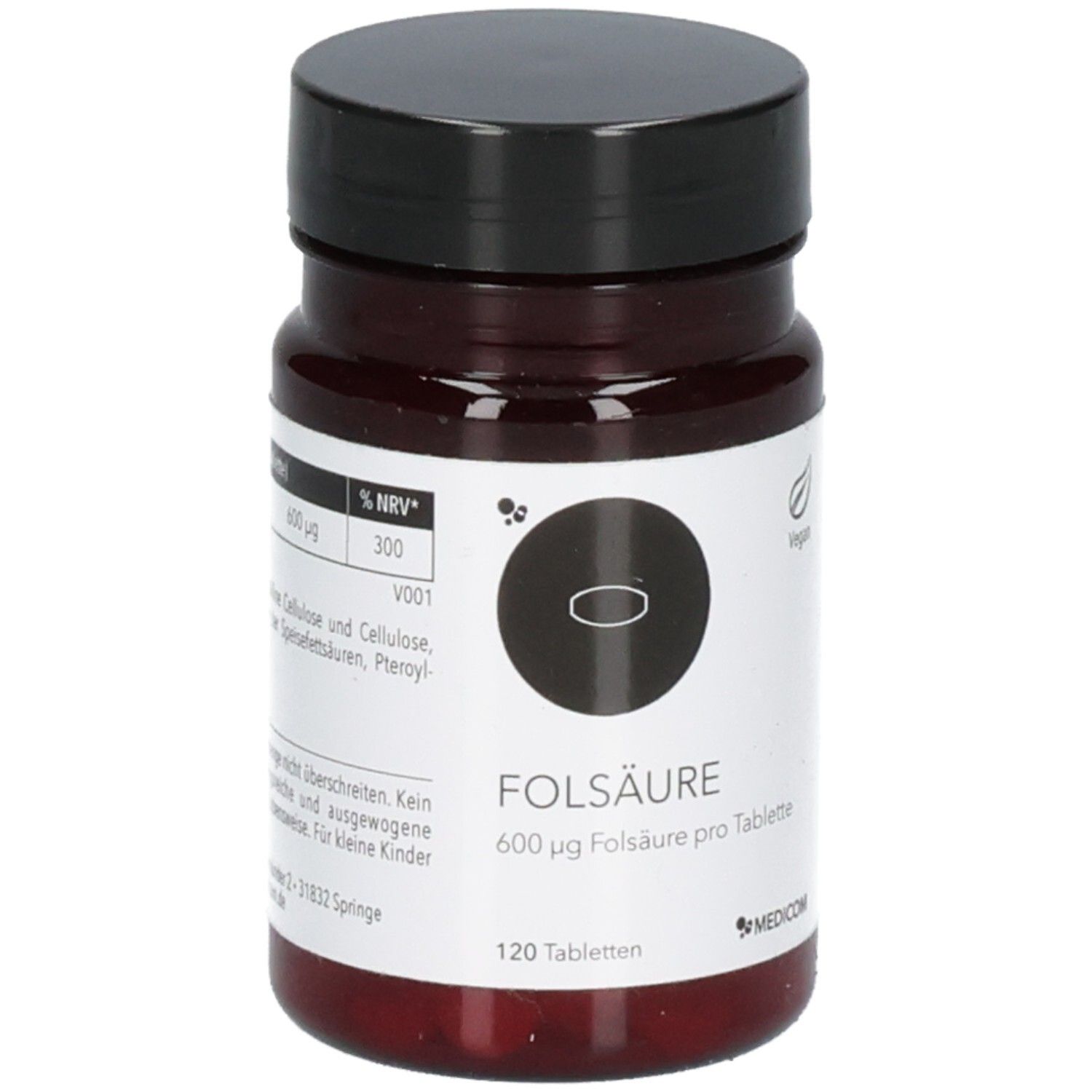 Braune Tabletten in einer braunen Dose mit schwarzem Deckel. Aufschrift: Folsäure, 600 µg pro Tablette, 120 Tabletten. Vegan.