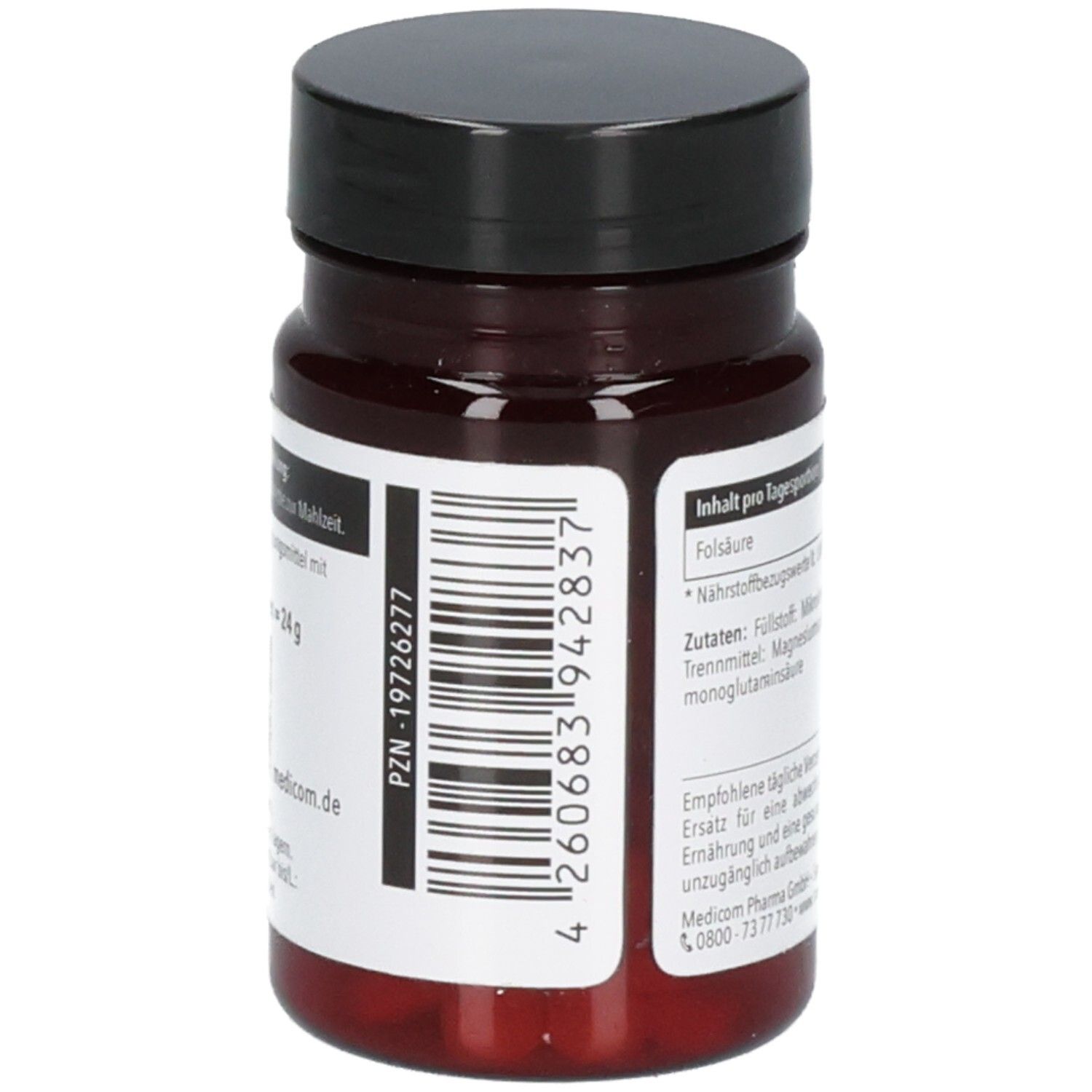 Rückseite der braunen Tablettendose mit schwarzem Deckel. Barcode und Text: Zutaten, empfohlene tägliche Dosis, medicom.de.