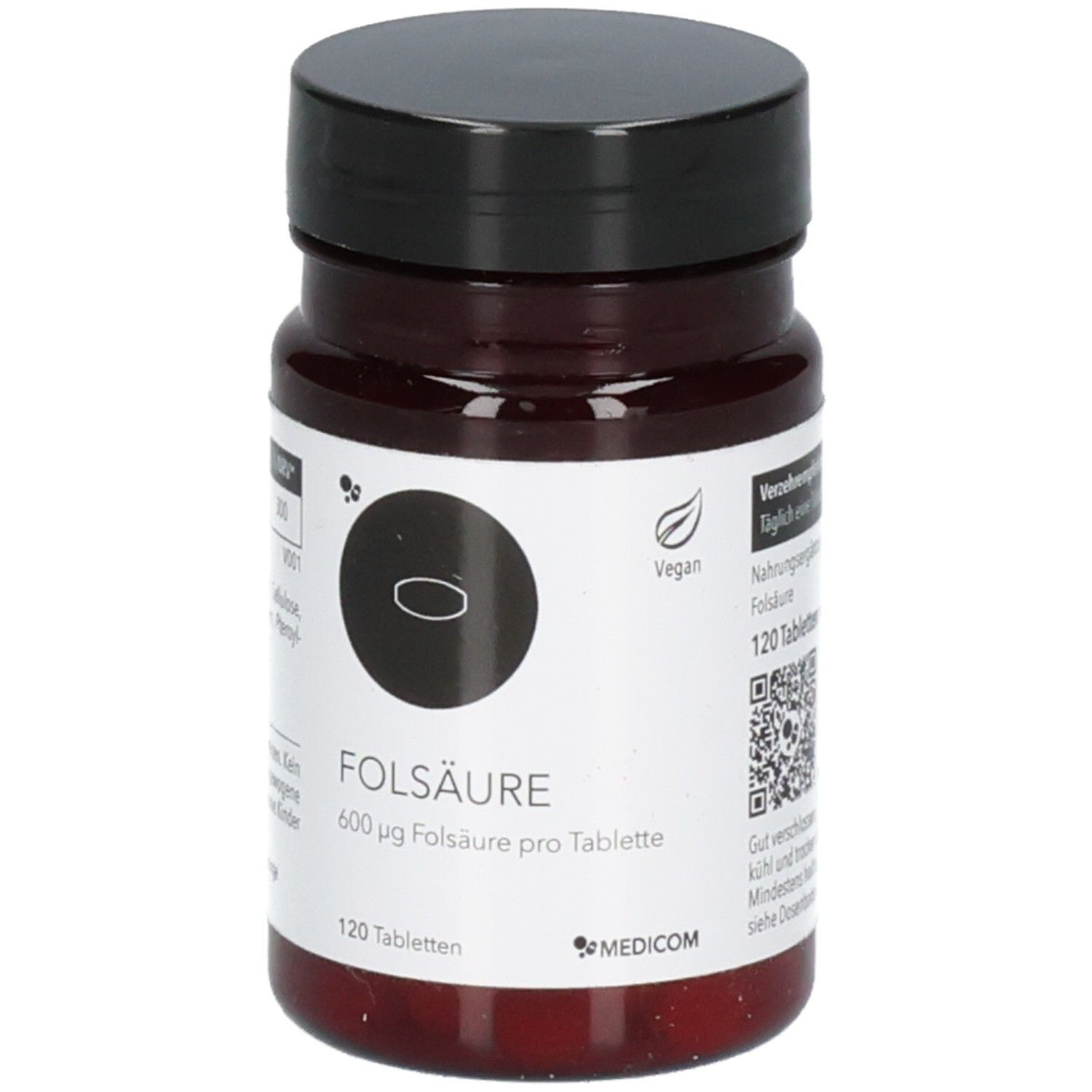 Braune Tabletten in einer braunen Dose mit schwarzem Deckel. Aufschrift: Folsäure, 600 µg pro Tablette, 120 Tabletten. Vegan.