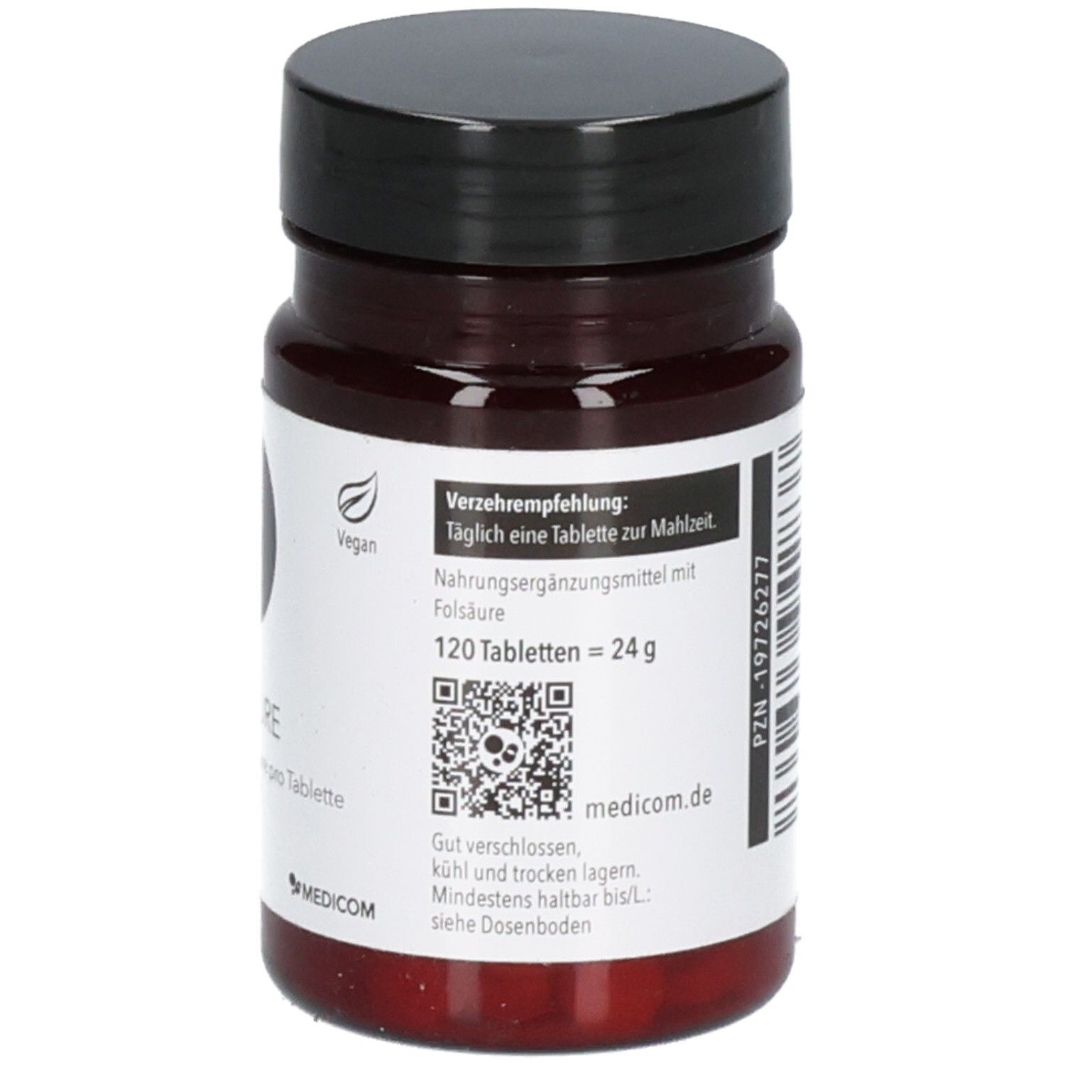 Rückseite der braunen Tablettendose mit schwarzem Deckel. Text: Verzehrempfehlung, 120 Tabletten = 24 g, medicom.de, vegan.