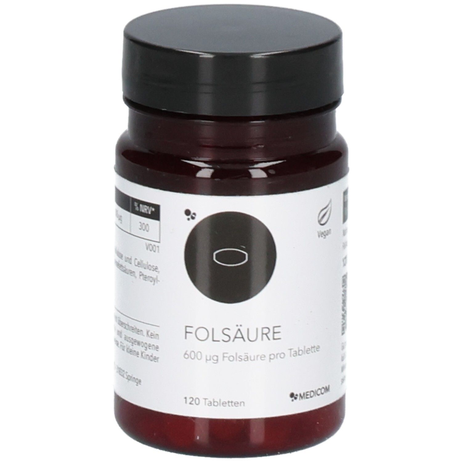 Braune Tabletten in einer braunen Dose mit schwarzem Deckel. Aufschrift: Folsäure, 600 µg pro Tablette, 120 Tabletten. Vegan.