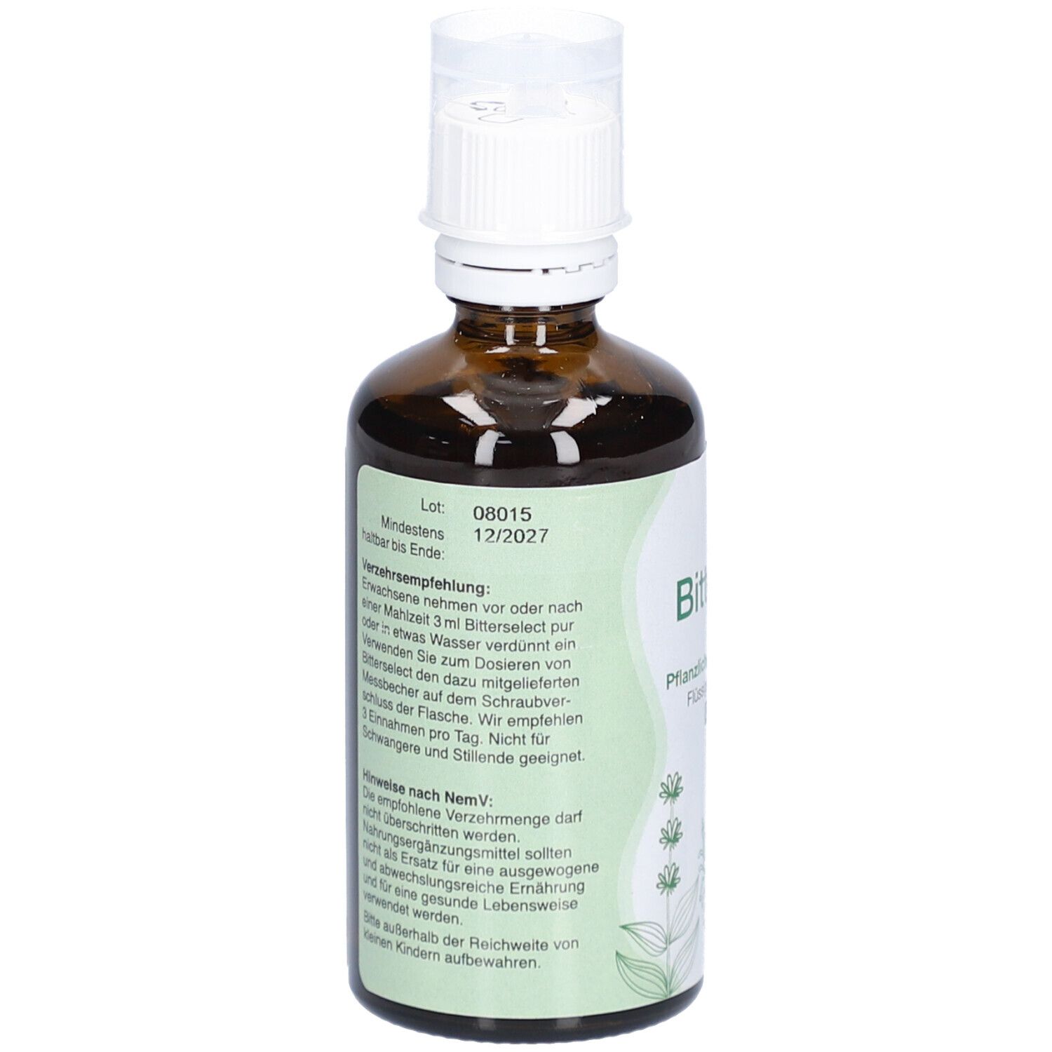 Braune Glasflasche mit weißem Verschluss. Etikett mit Produktinformationen und floralem Design. Mindesthaltbarkeitsdatum.