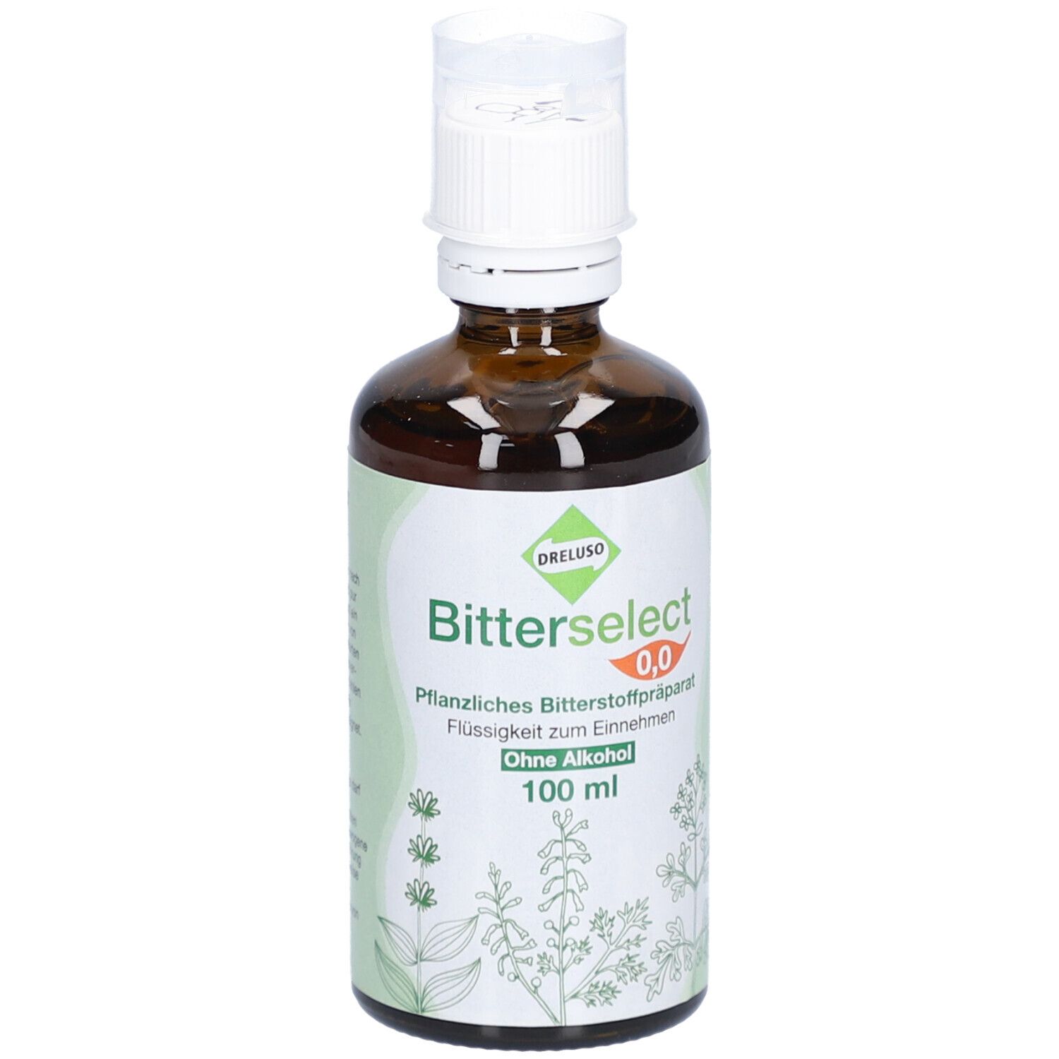 Braune Glasflasche mit weißem Verschluss. Etikett mit Produktnamen, Inhaltsangabe und floralem Design. 100 ml.