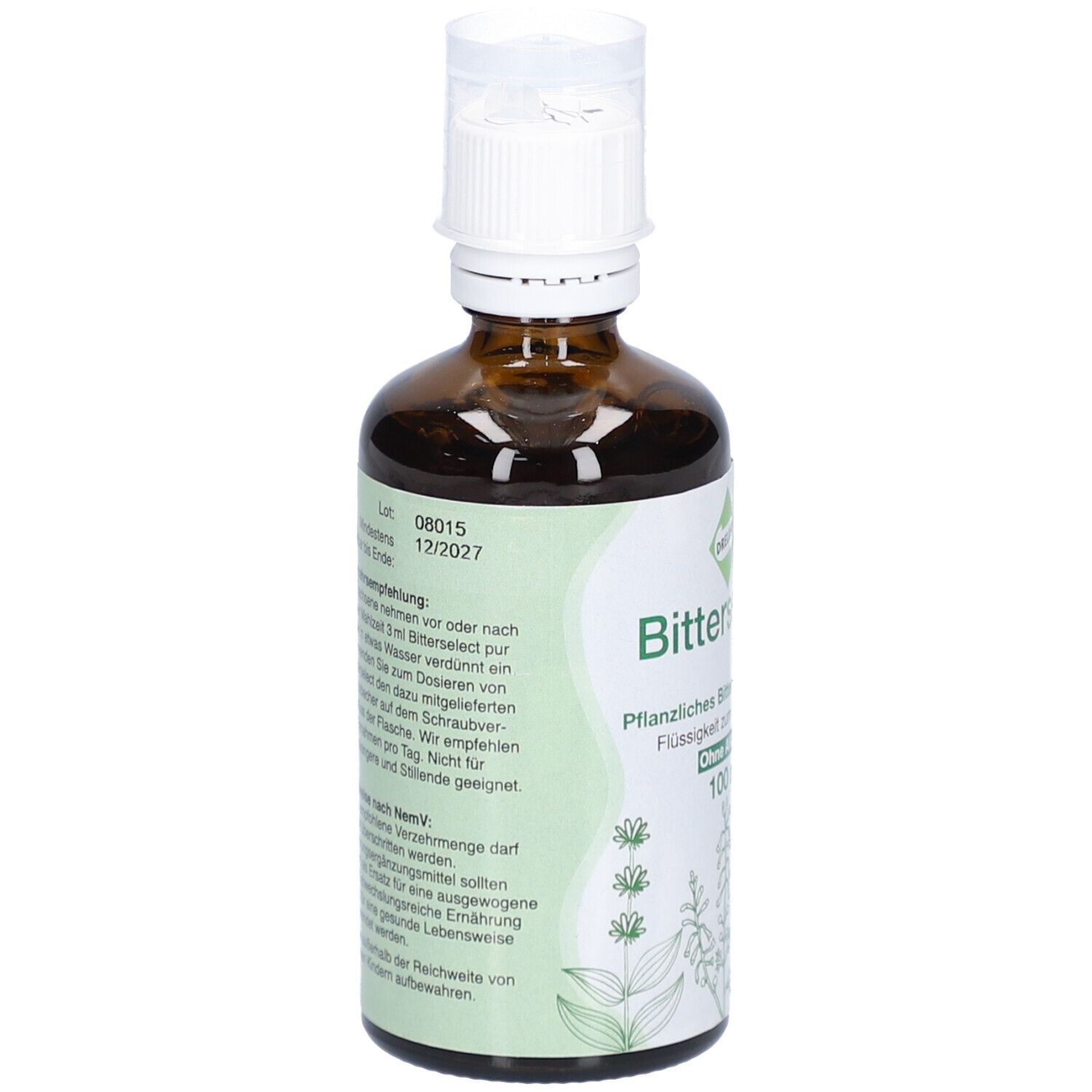 Braune Glasflasche mit weißem Verschluss. Etikett mit Produktinformationen und floralem Design. 100 ml. Mindesthaltbarkeit.