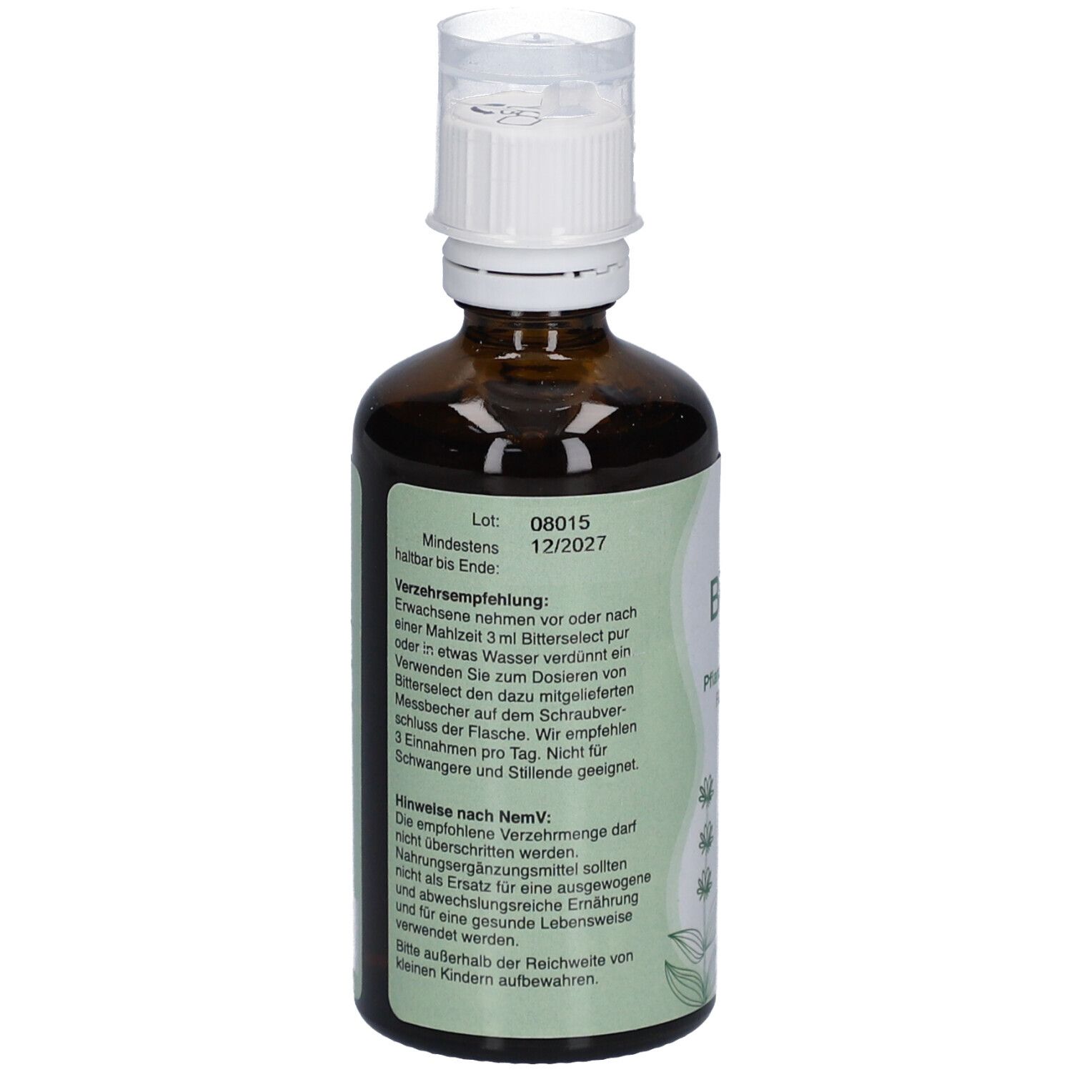 Braune Glasflasche mit weißem Verschluss. Etikett mit Produktinformationen und floralem Design. 100 ml. Mindesthaltbarkeit.