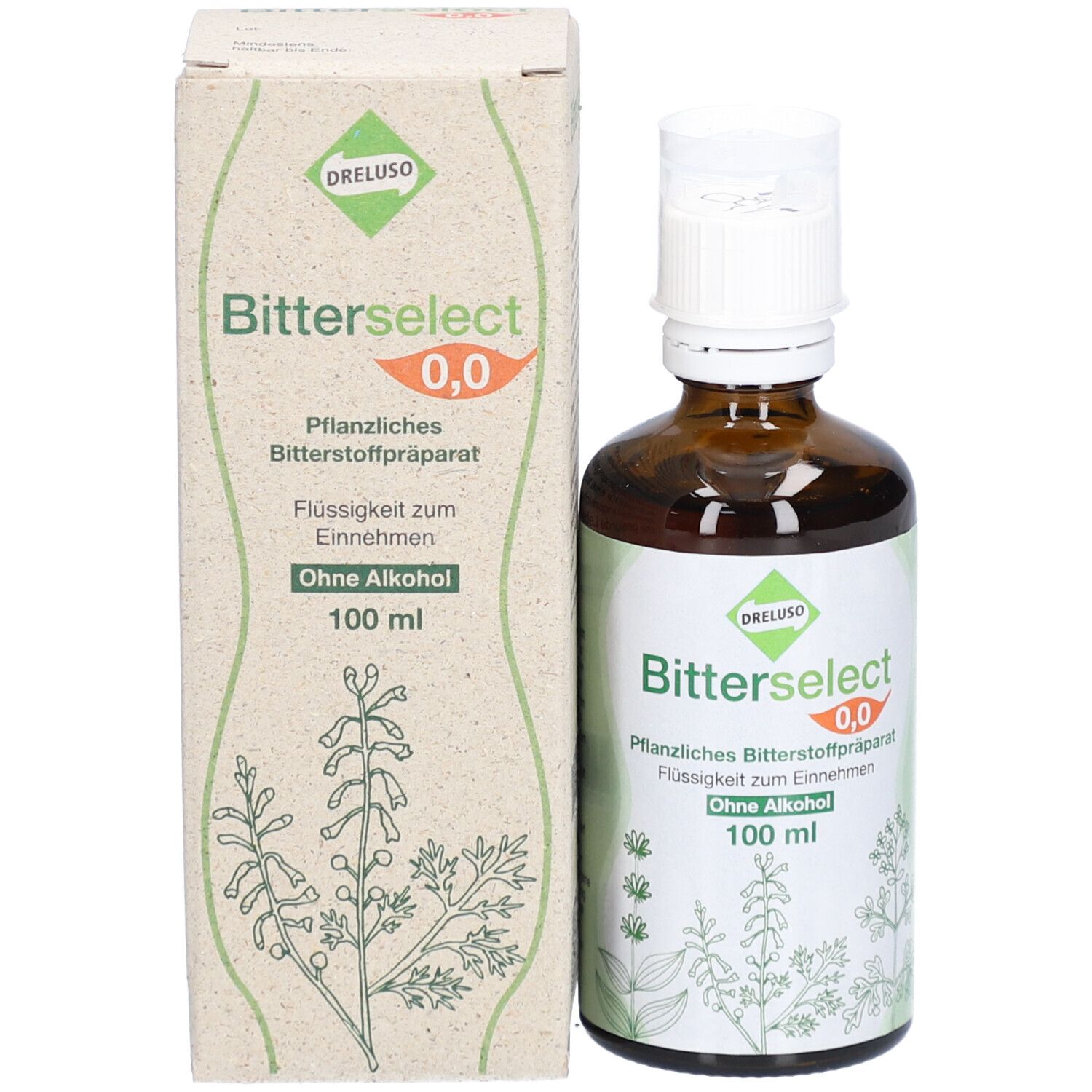 Produktflasche und Verpackung. Braune Glasflasche mit weißem Verschluss. Karton mit Produktnamen und floralem Design.