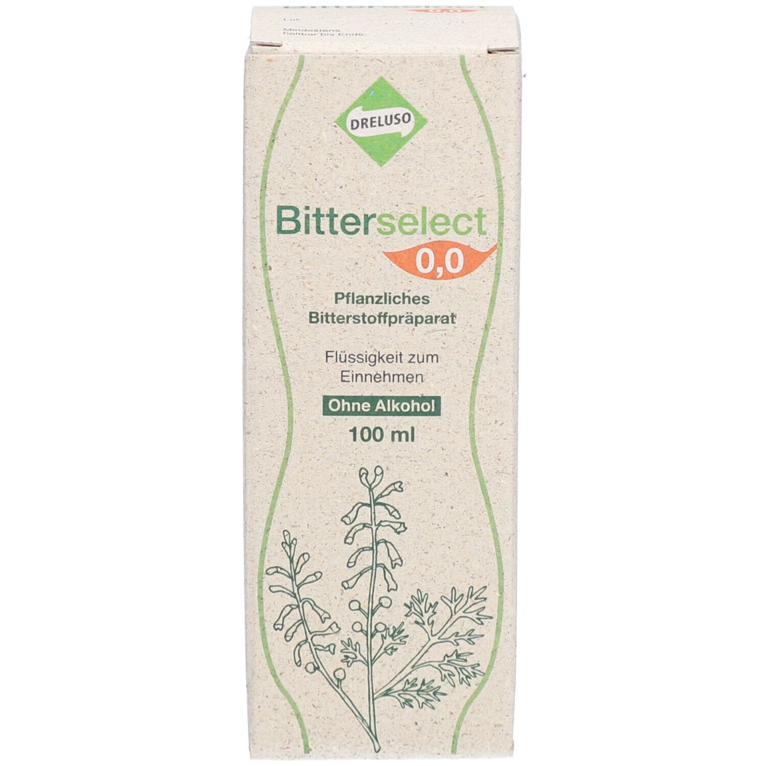 Produktverpackung. Karton mit Produktnamen, Inhaltsangabe und floralem Design. Ohne Alkohol. 100 ml.