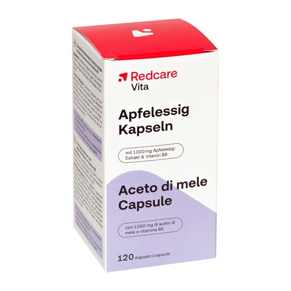 Verpackung mit Kapseln. Aufschrift: Redcare Vita Apfelessig Kapseln. Enthält 120 Kapseln.