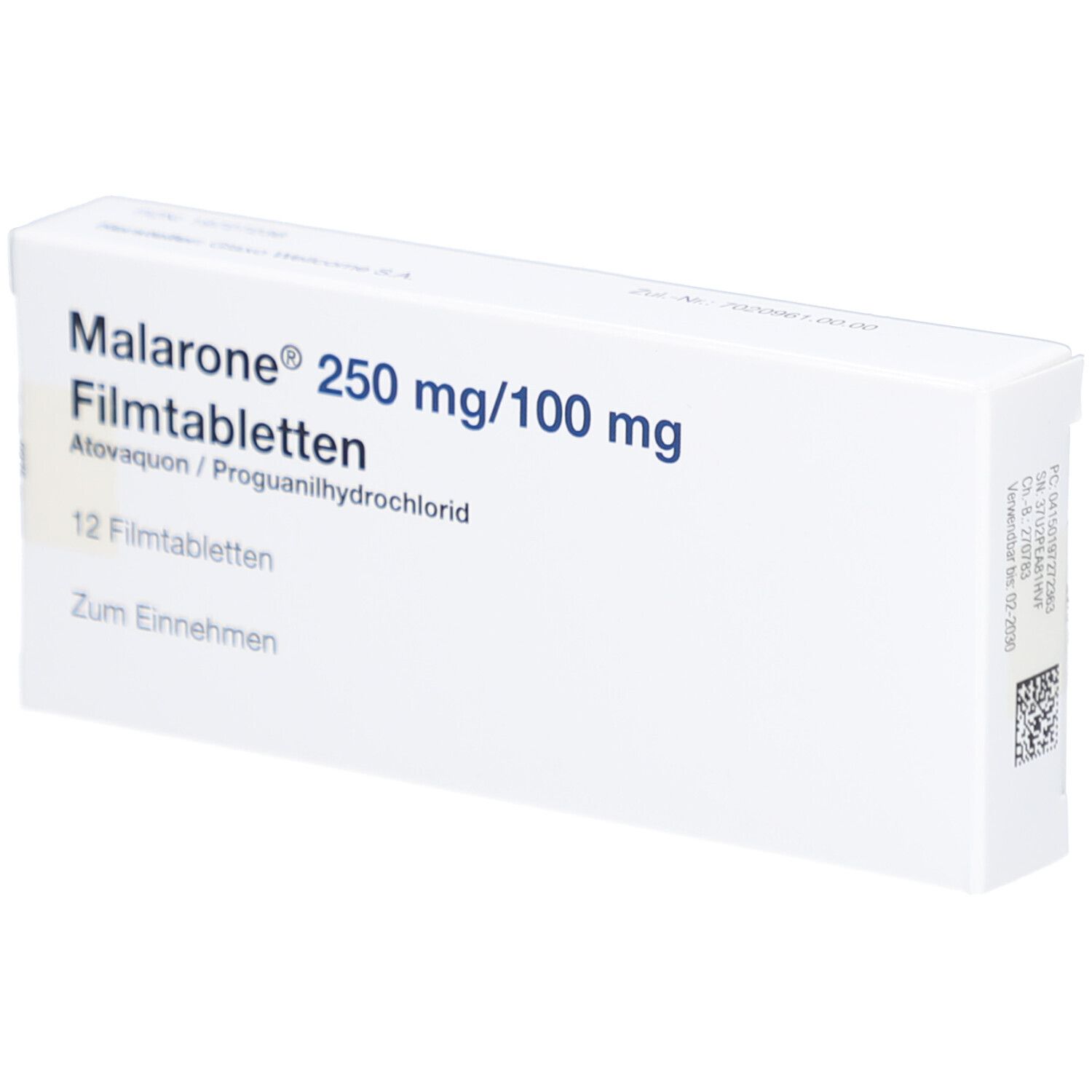Schachtel mit MALARONE 250 mg/100 mg Filmtabletten. Aufschrift: 12 Filmtabletten. Zum Einnehmen. Weißer Hintergrund.