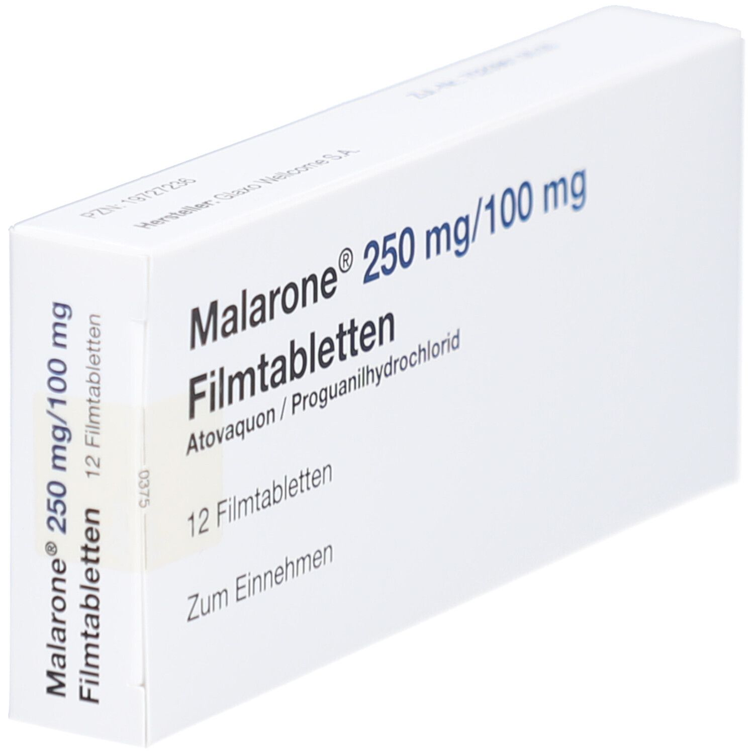 Schachtel mit MALARONE 250 mg/100 mg Filmtabletten. Aufschrift: 12 Filmtabletten. Zum Einnehmen. Perspektivische Ansicht.
