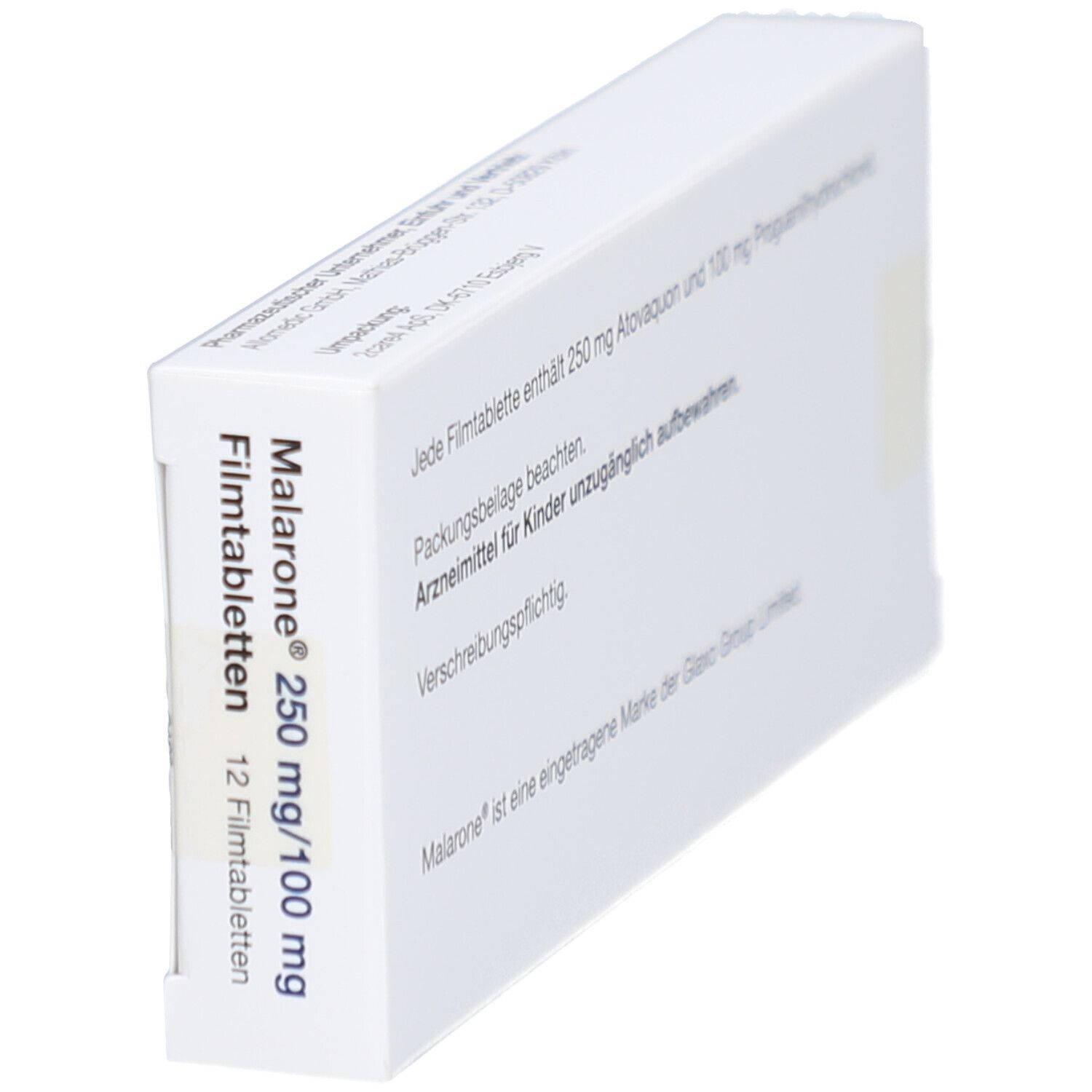 Schachtel mit MALARONE 250 mg/100 mg Filmtabletten. Aufschrift: 12 Filmtabletten. Perspektivische Ansicht.