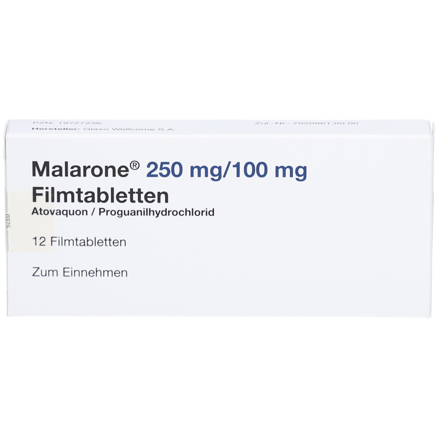 Schachtel mit MALARONE 250 mg/100 mg Filmtabletten. Aufschrift: 12 Filmtabletten. Zum Einnehmen. Weißer Hintergrund.