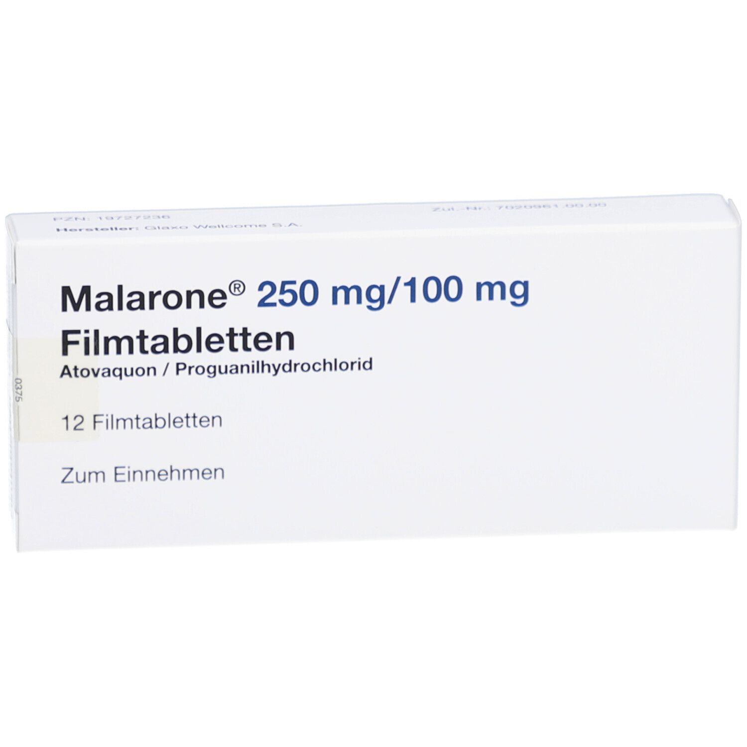 Schachtel mit MALARONE 250 mg/100 mg Filmtabletten. Aufschrift: 12 Filmtabletten. Zum Einnehmen. Weißer Hintergrund.