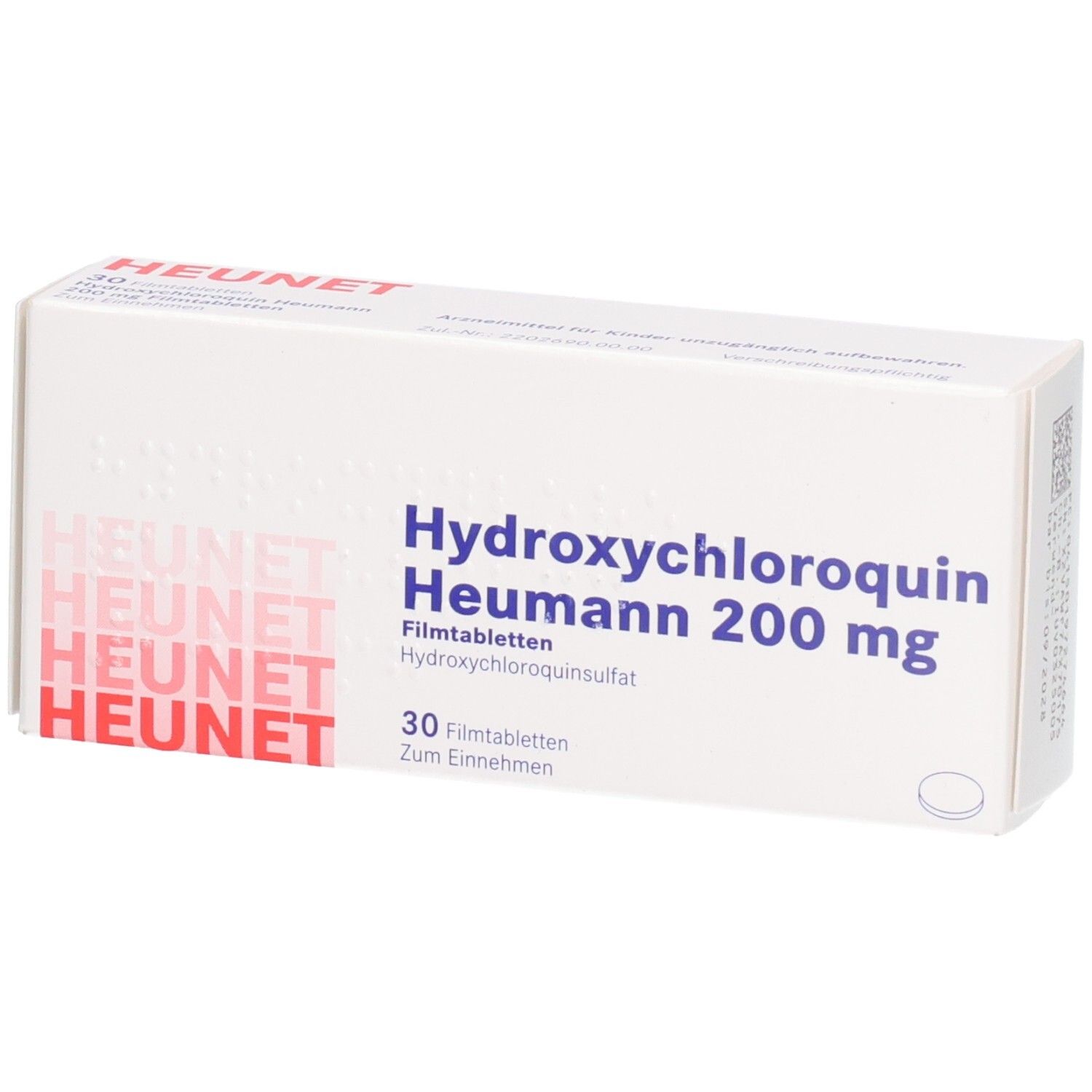 Packung Hydroxychloroquin Heumann 200 mg Filmtabletten, 30 Stück.