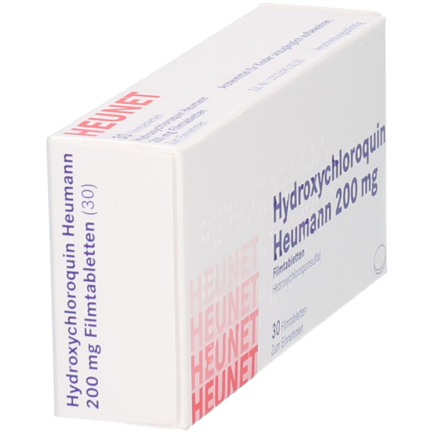 Seitenansicht der Packung Hydroxychloroquin Heumann 200 mg Filmtabletten.