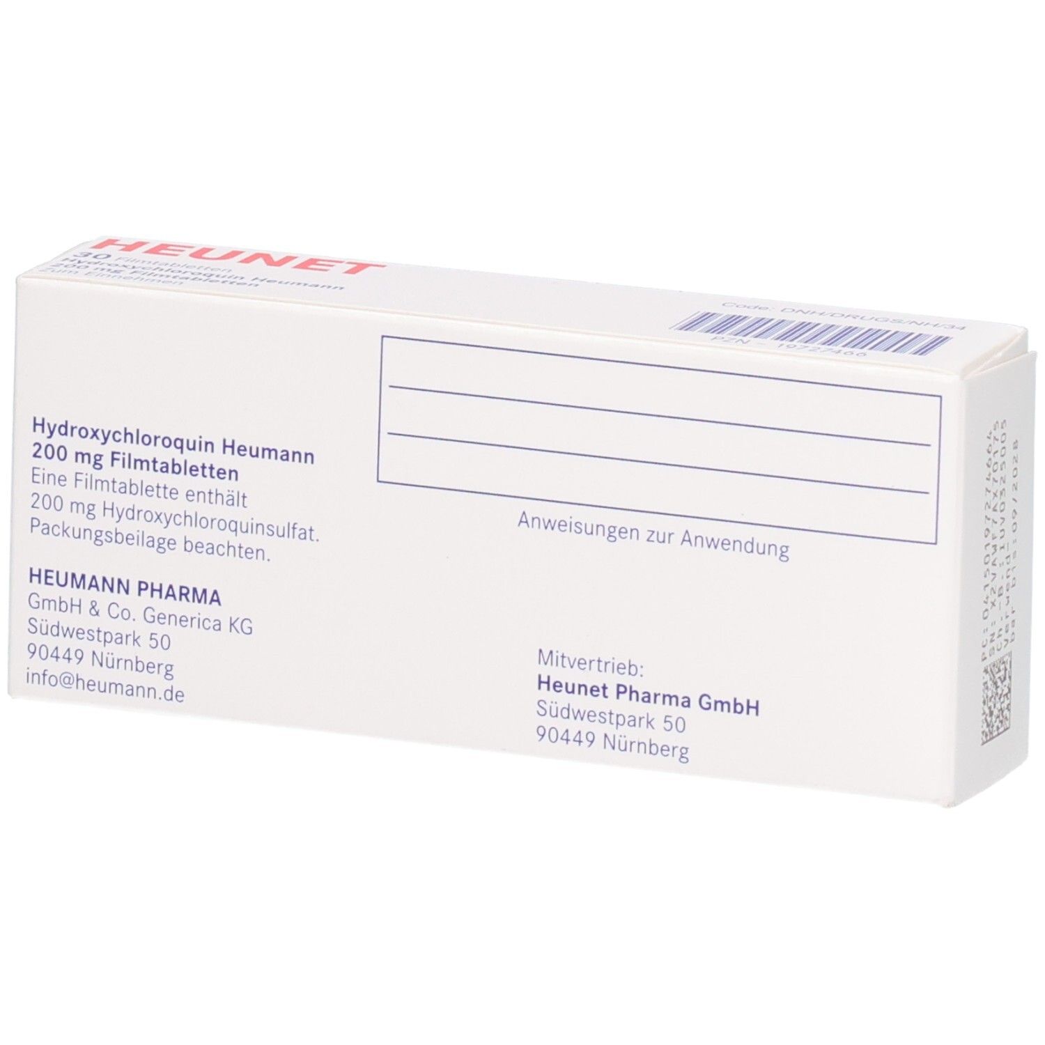 Rückseite der Packung Hydroxychloroquin Heumann 200 mg Filmtabletten mit Herstellerangaben.