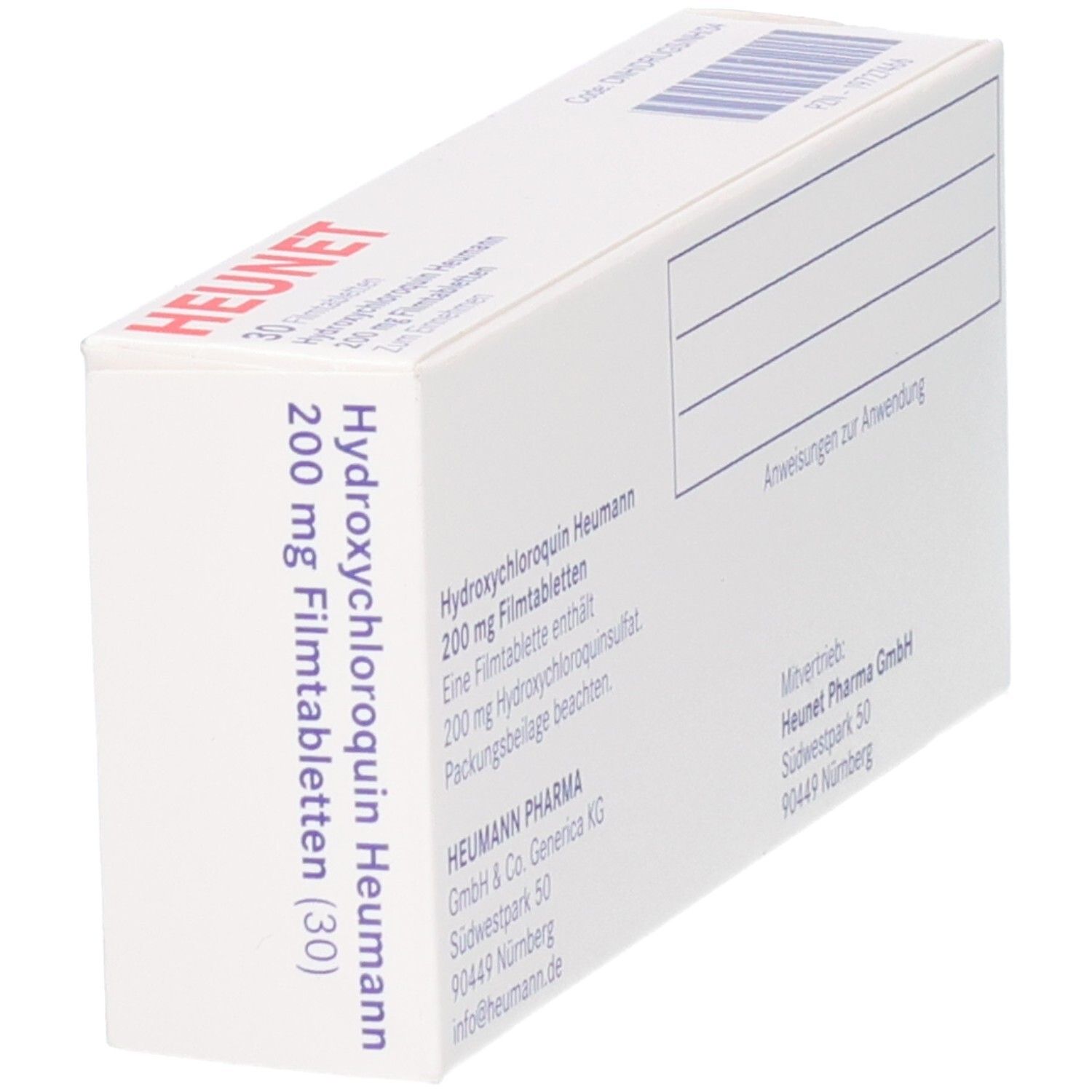 Schrägansicht der Packung Hydroxychloroquin Heumann 200 mg Filmtabletten.