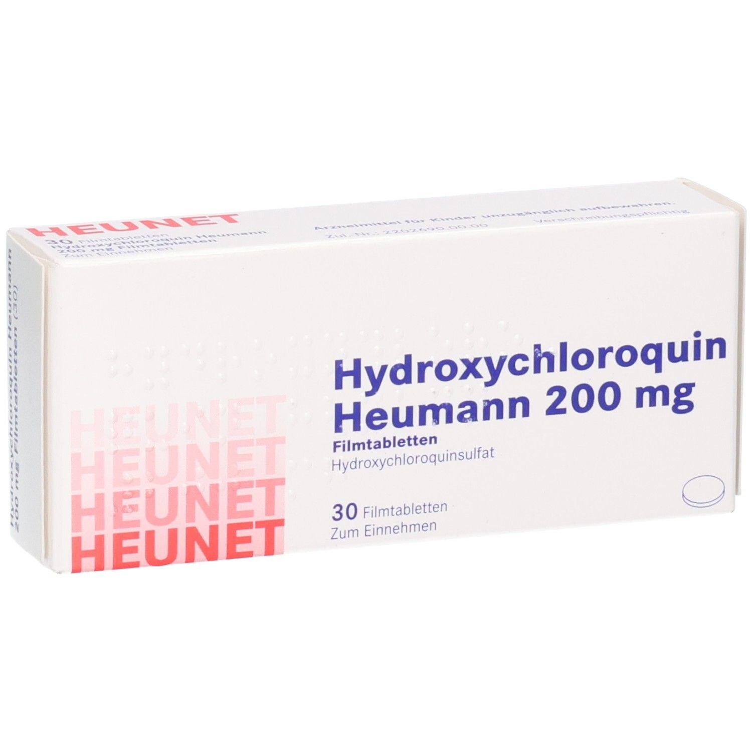 Packung Hydroxychloroquin Heumann 200 mg Filmtabletten, 30 Stück.