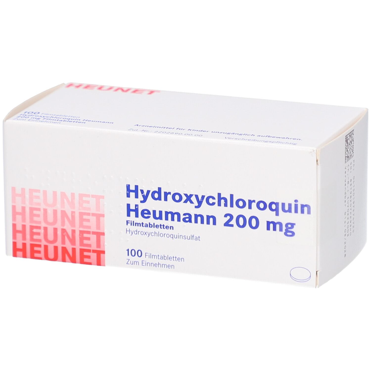 Weiße Faltschachtel mit Aufschrift HYDROXYCHLOROQUIN Heumann 200 mg Filmtabl. Heunet. 100 Filmtabletten. Blaue und rote Schrift.