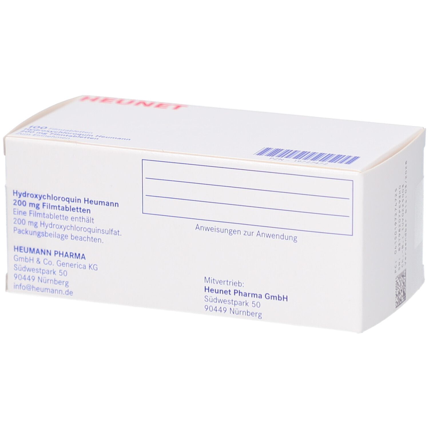 Weiße Faltschachtel mit Aufschrift HYDROXYCHLOROQUIN Heumann 200 mg Filmtabl. Heunet. Rückseite mit Text und Barcode.
