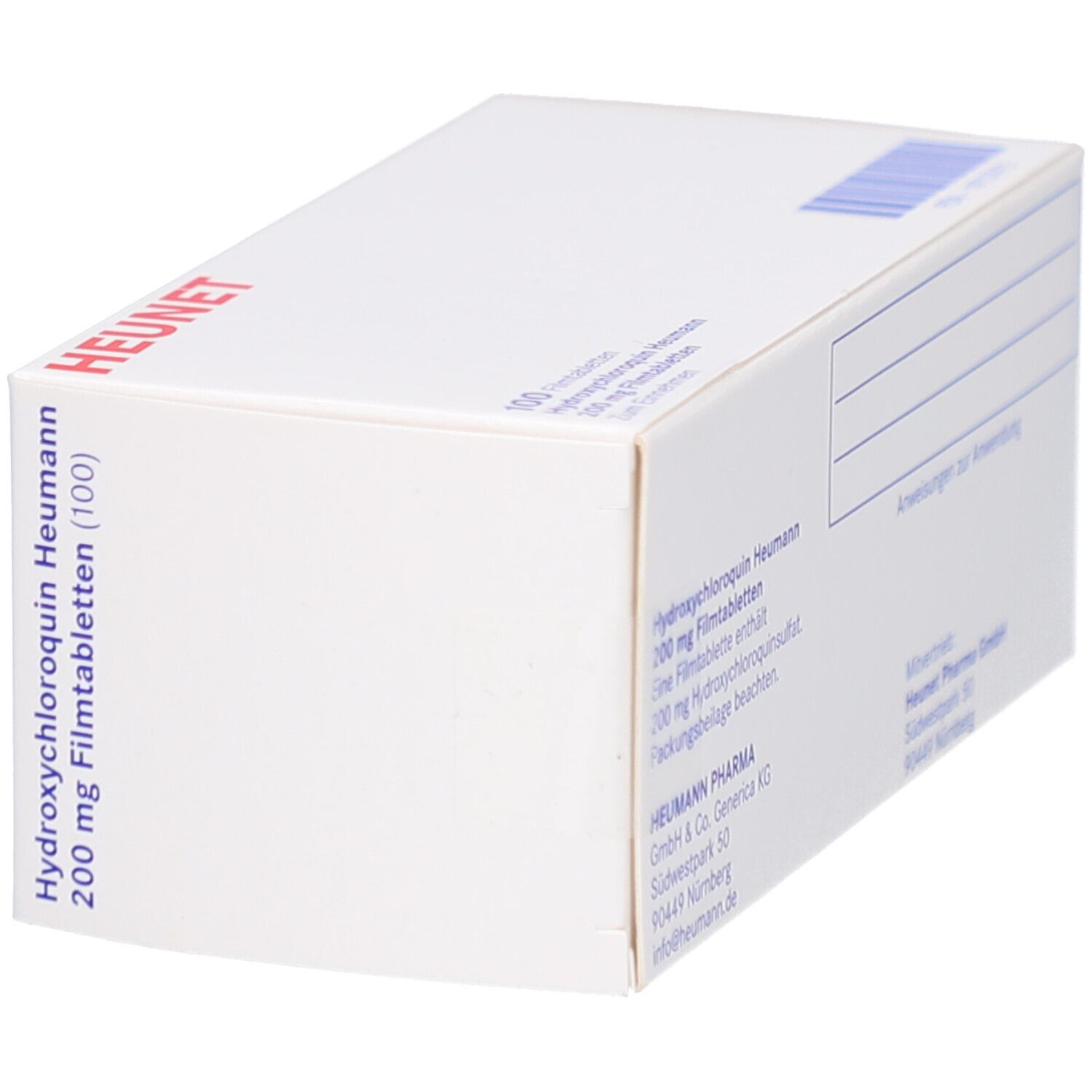 Weiße Faltschachtel mit Aufschrift HYDROXYCHLOROQUIN Heumann 200 mg Filmtabl. Heunet. Schachtel schräg, Rückseite sichtbar.