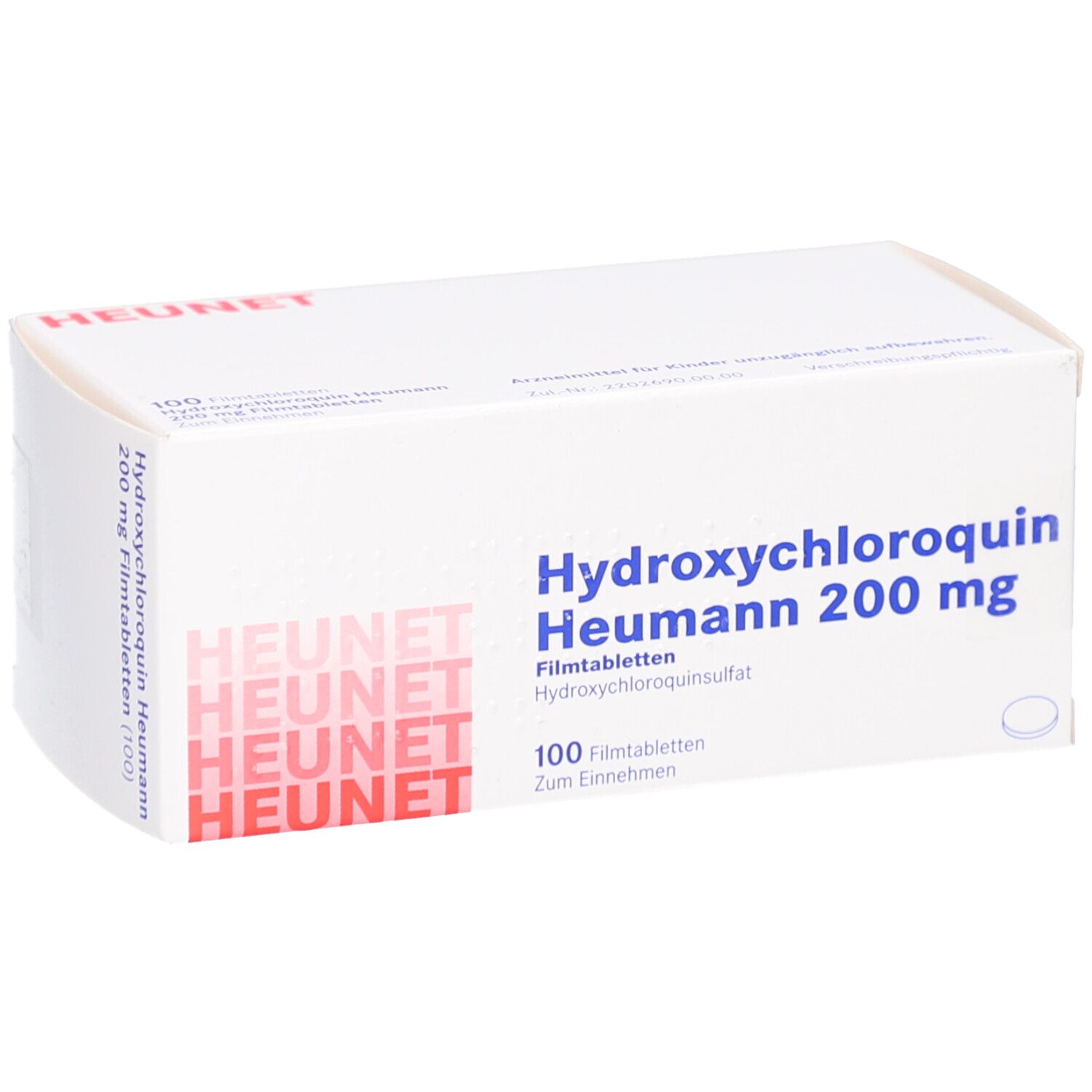 Weiße Faltschachtel mit Aufschrift HYDROXYCHLOROQUIN Heumann 200 mg Filmtabl. Heunet. 100 Filmtabletten. Blaue und rote Schrift.