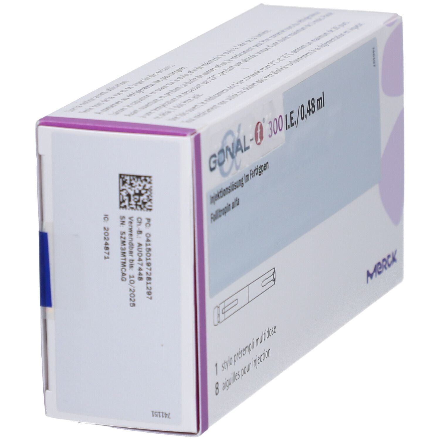 Schrägansicht der GONAL-f Verpackung. Text: GONAL-f 300 I.E./0,48 ml. Merck Logo. Enthält 1 Pen, 8 Nadeln.