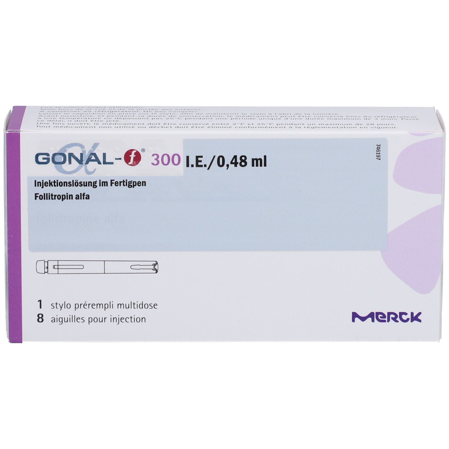 GONAL-f 300 I.E./0,48 ml Fertigpen Verpackung. Enthält 1 Fertigpen und 8 Injektionsnadeln. Merck Logo.