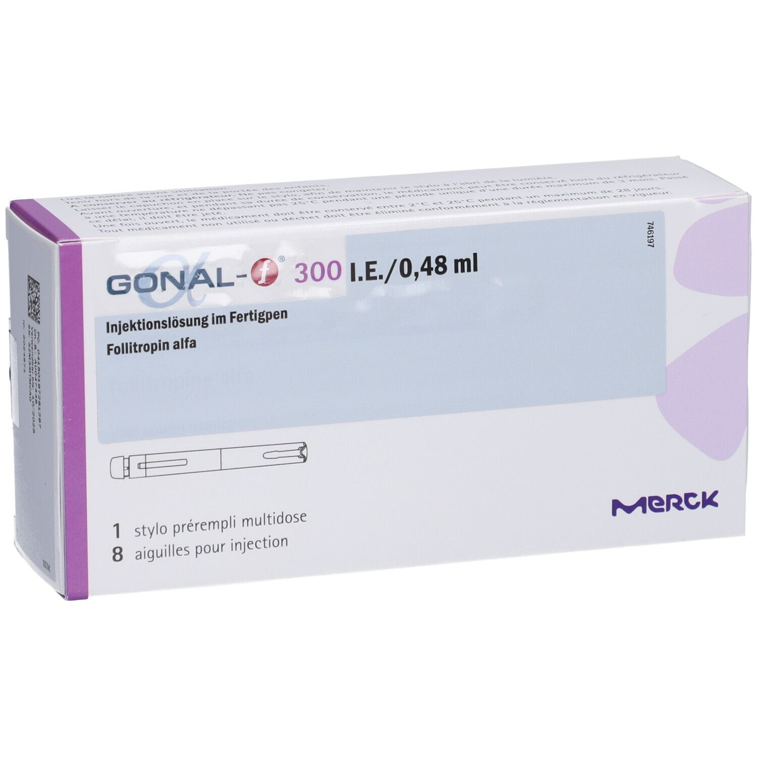GONAL-f 300 I.E./0,48 ml Fertigpen Verpackung. Enthält 1 Fertigpen und 8 Injektionsnadeln. Merck Logo.